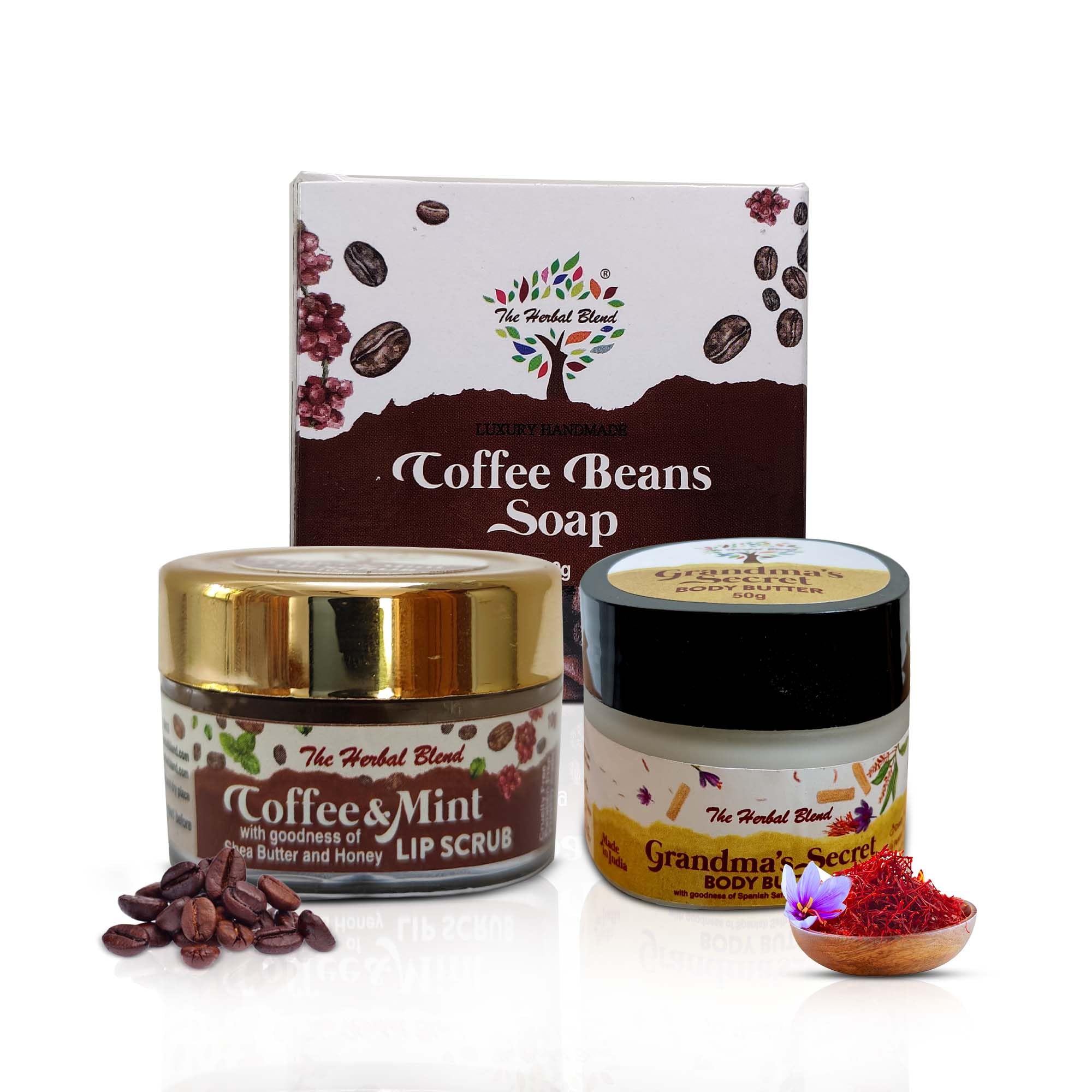 Winter Glow Gift Set - Coffee Beans Bathing Bar with Goat Milk + Coffee Mint Lip Scrub + Shea & Sandalwood Body Butter for Smooth, Soft & Nourished Skin-image-28