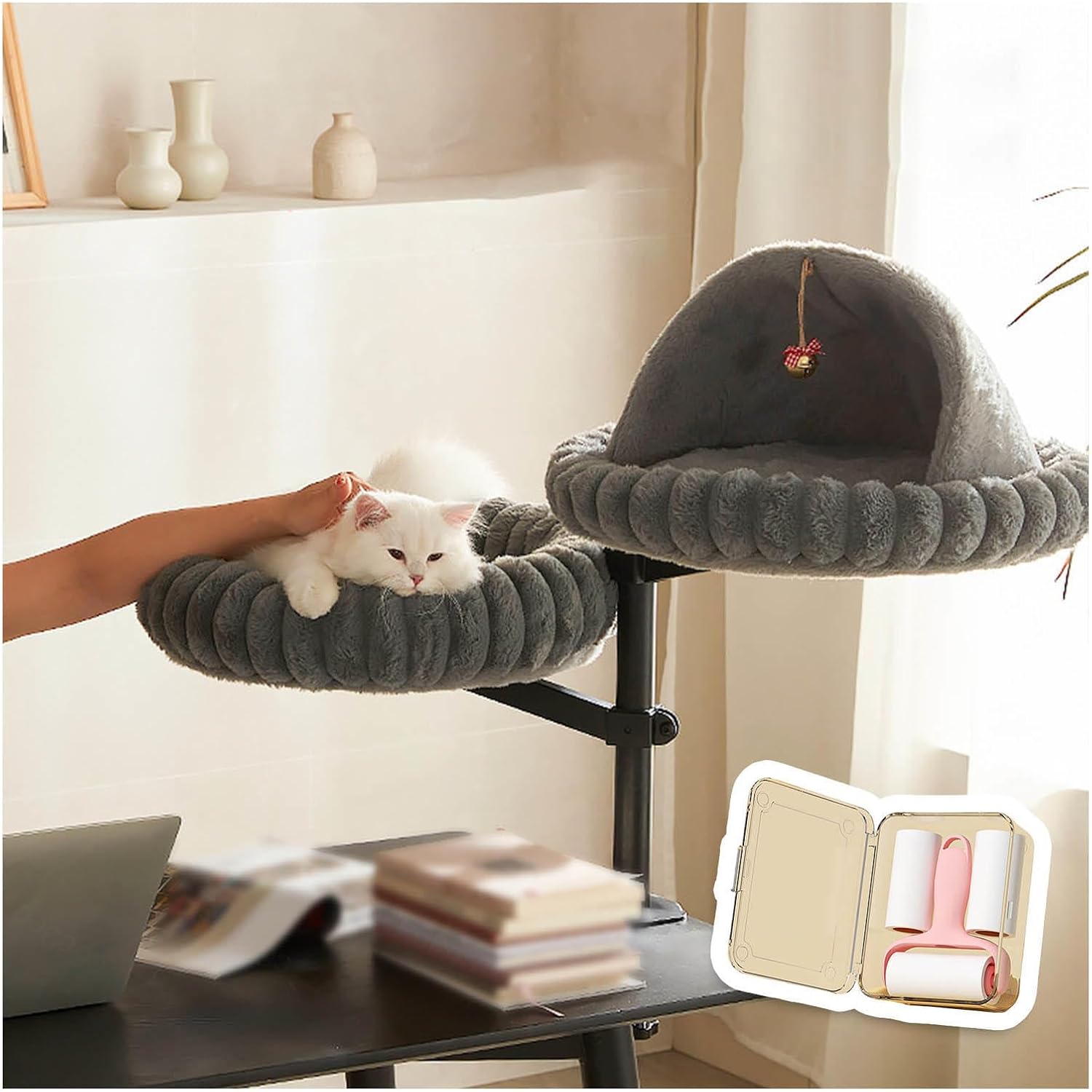 2層 猫 ベッド ドーム 、 360度回転昇降式 猫のベッド 耐荷重20kg 屋内猫用の猫ベッド 半閉鎖型 貝殻型 もふもふ 丸型