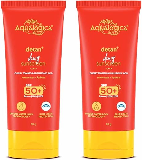 Aqualogica Detan+ Dewy Sunscreen with Cherry Tomato &amp; Hyaluronic Acid with SPF 50 &amp; PA++++ for Men &amp; Women - For Normal, D...
