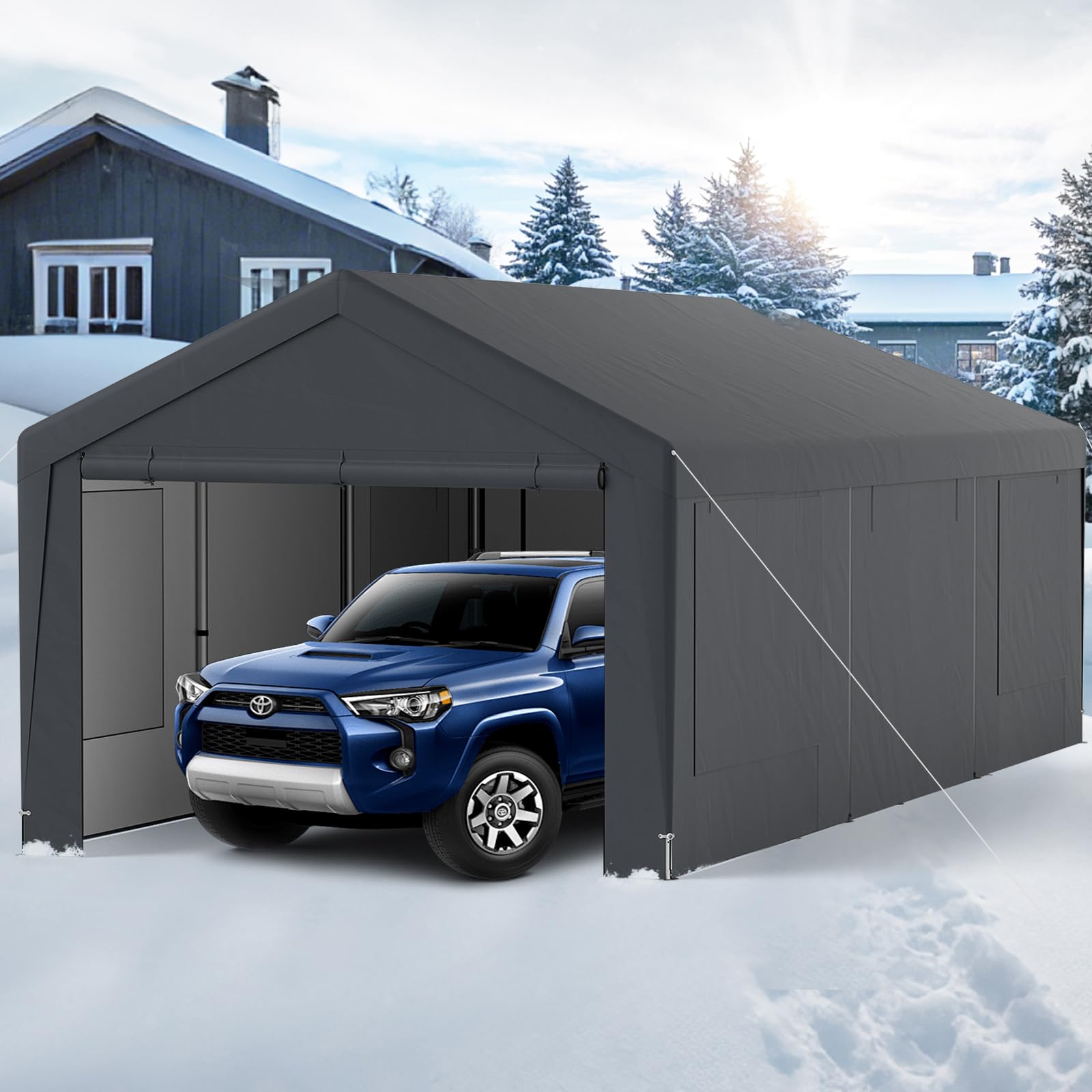 GOPLUS Abri Tente Garage 3x6 M, Tente de Stockage, Carport Résistant aux Intempéries, avec Couverture et 8 Parois Amovibles, pour Fêtes, Stands de Marché, Bateaux,Voitures, Gris