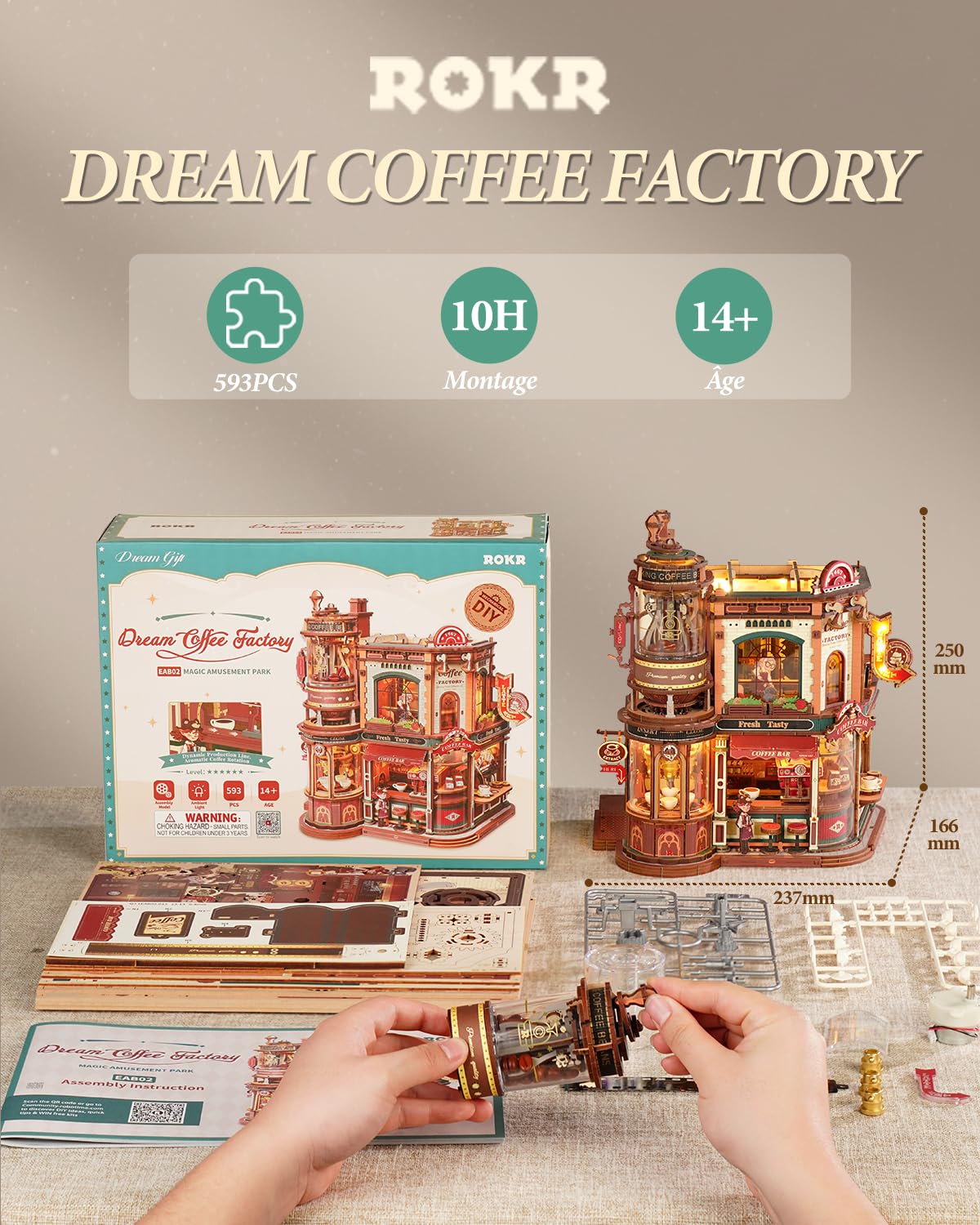 ROKR Puzzle 3D Bois Café du Coin,Maquette en Bois a Construire Boîte à Musique,Cadeaux DIY Faits À La Main pour Adultes Dream Coffee Factory,EAB02