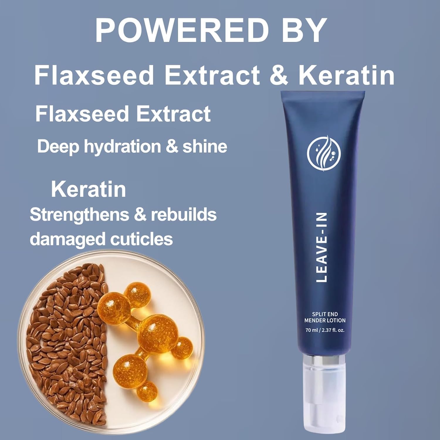 Repair Serum ohne Ausspülen für Spliss, spendet trockenem und geschädigtem Haar Feuchtigkeit mit Leinextrakt und Keratin und hat eine leichte Textur.