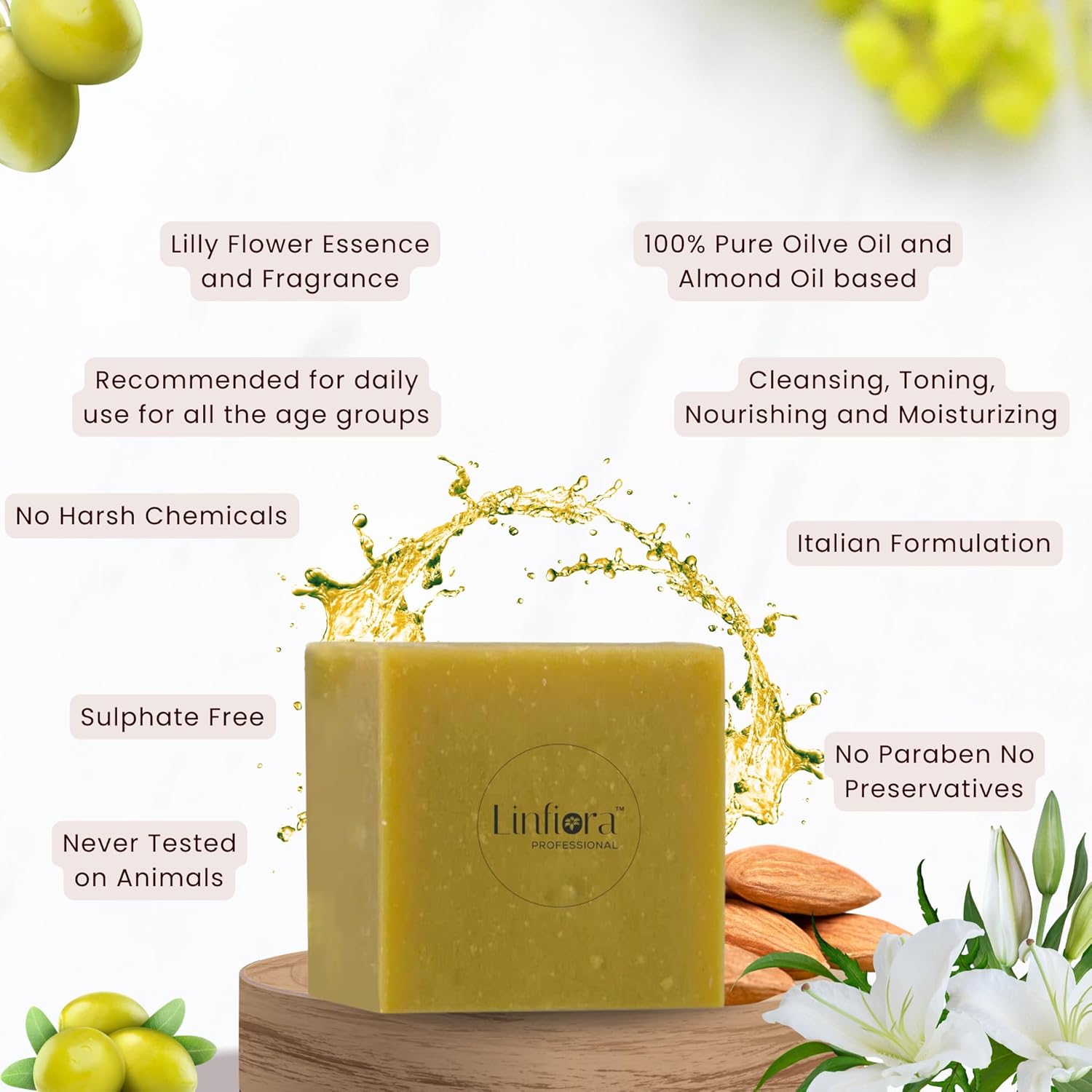 Linfiora Professional Fiora 100 Series Luxury Face and Body Bar Soap, 100g | 100% olive oil, almond oil, lily essence and shea butter | Some sulfate, no perbean. For all types of skin and age groups Linfiora Professional Fiora 100 Series Luxury Face and Body Bar Soap, 100g | 100% olive oil, almond oil, lily essence and shea butter | Some sulfate, no perbean. For all types of skin and age groups