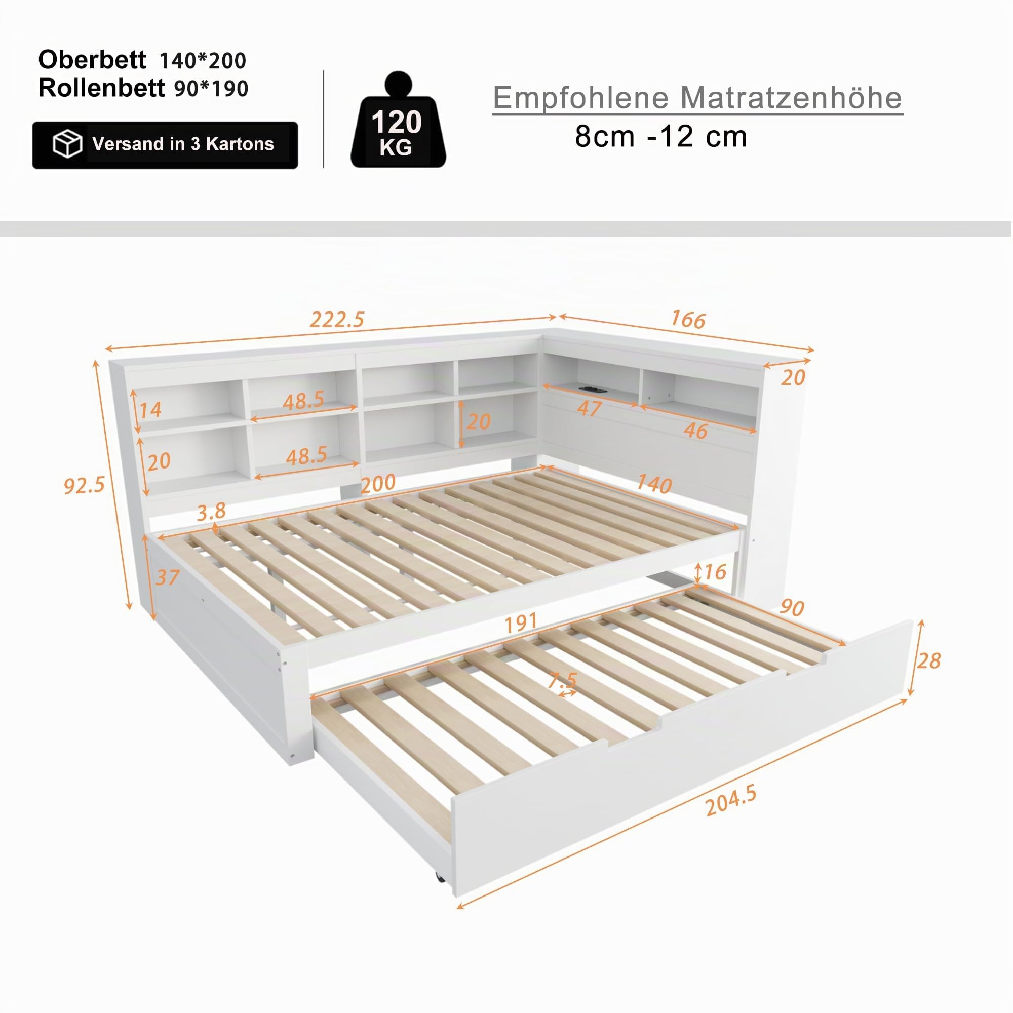 Merax Kinderbett 140 x 200 cm mit USB-Buchse, Jugendbett mit Ausziehbarem Bett 90x190 cm und Stauraum, für Kinder & Jugend, Massivholz, Weiß (Ohne Matratze)