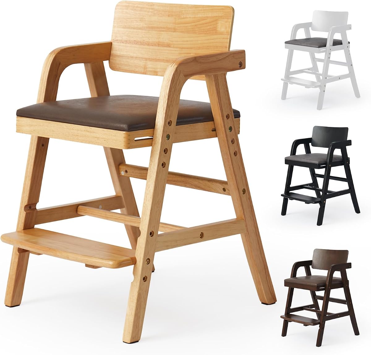 Wooden High Chair for Babies and Toddler Dining Chair, Natural | Baby HighChair Grows with Kids, Baby Feeding Chair for Dining Study with Adjustable Seat and Footrest, for Home, Restaurant