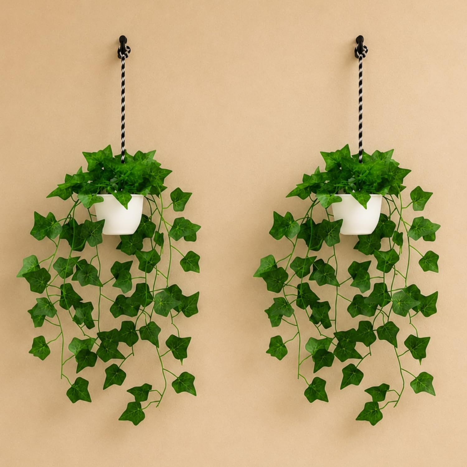 fancymart Artificial Hanging Ivy Plant with White Hanging Pot & Rope, Pack of 2, Realistic Green Leaf Creeper for Home, Office, Living Room & Wall Décor, 60 cm Height