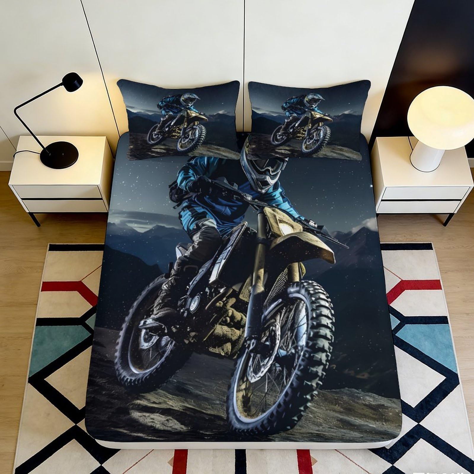 3D Printed Motocross Night Scene Fitted Sheet Microfiber Soft Dirt Bike Bed Cover for Bedroom Decor Protection 90x200x25cm