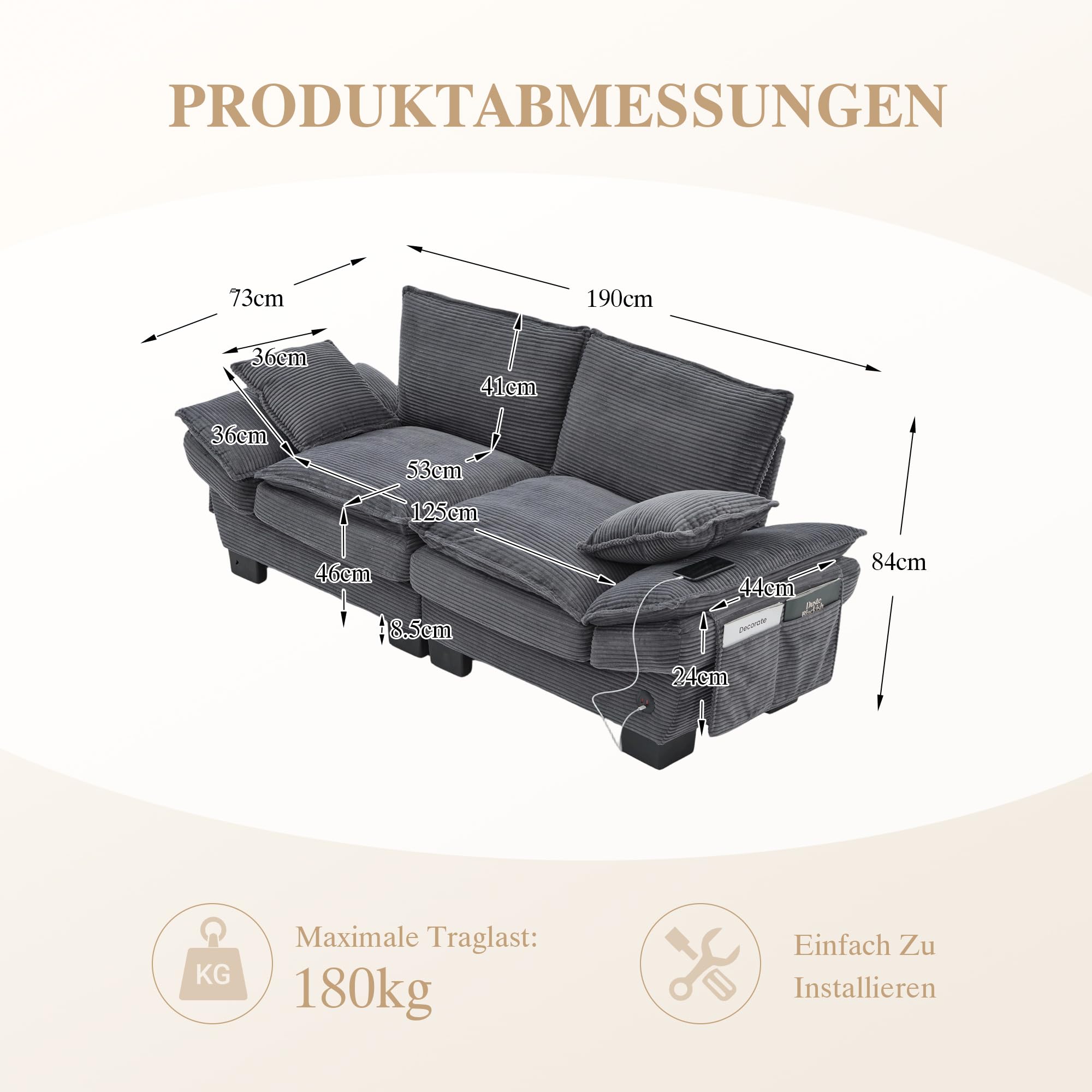 Modułowa sofa 2-osobowa, ergonomiczna szerokość siedziska z przyłączem C, sofa do salonu z bocznymi kieszeniami, do salonu, kolor ciemnoszary