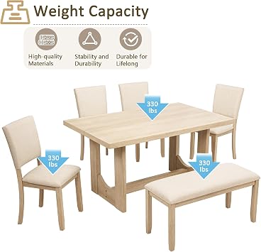 LUMISOL 6-Piece Dining Table Set with Bench, Rectangular Kitchen Table Set with U-Shaped Base, 4 Upholstered Chairs and Bench for Kitchen, Dining Room, Light Oak & Beige