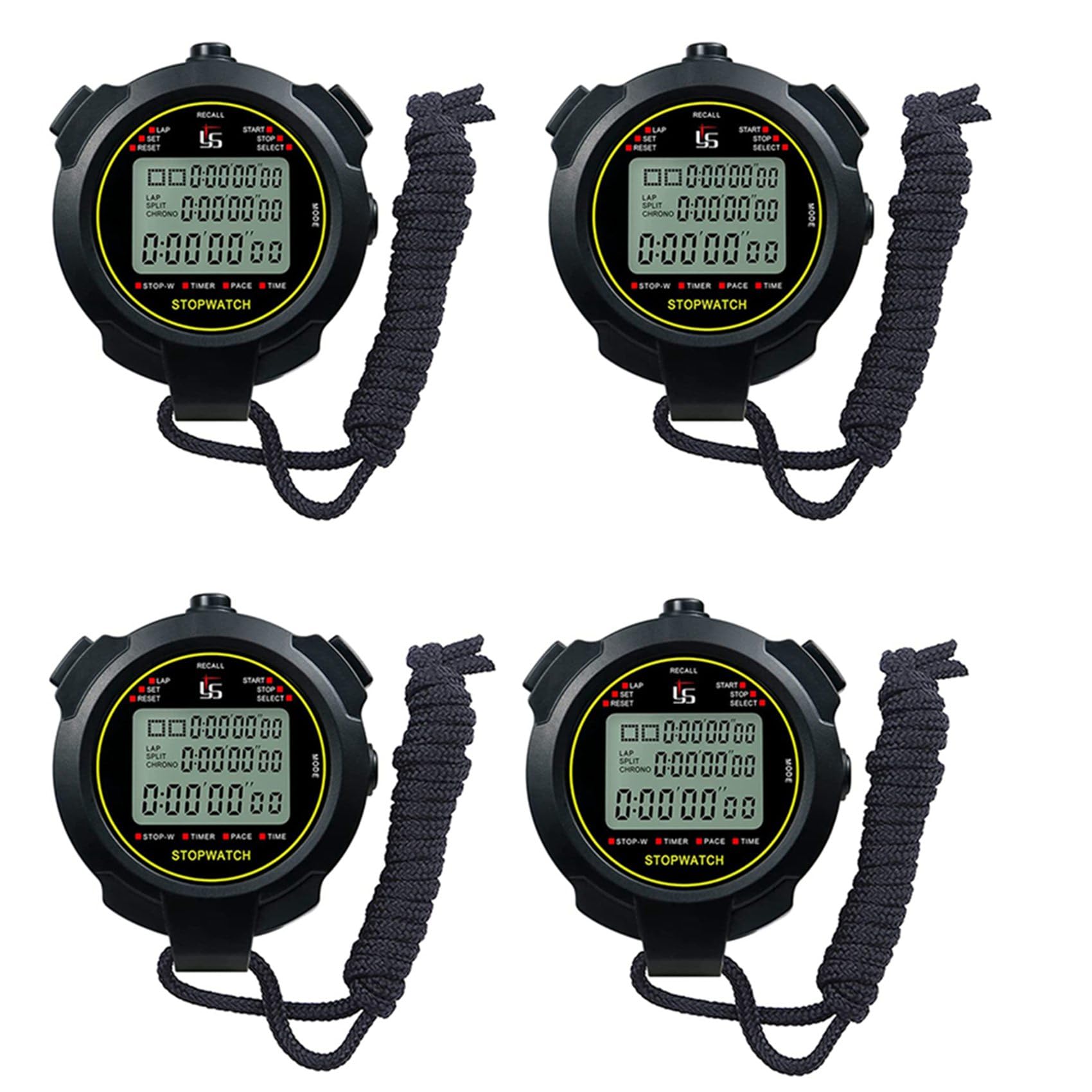 4X Cronometro Digitale, Timer per Il Conto alla Rovescia del Cronometro da 10 / Memoria Divisa, Ampio Display Impermeabile 12/24 Ore