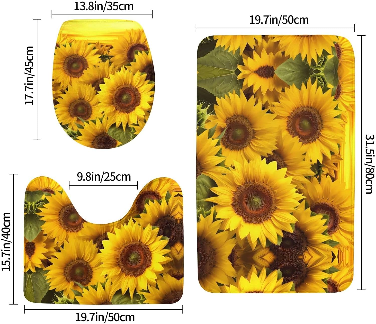 JCAKES Sunflower Pattern Print 3 Piece Bathroom Rugs Set Non-Slip Washable Cover Floor Rug Decorations for Kitchen Bathroom Bedroom