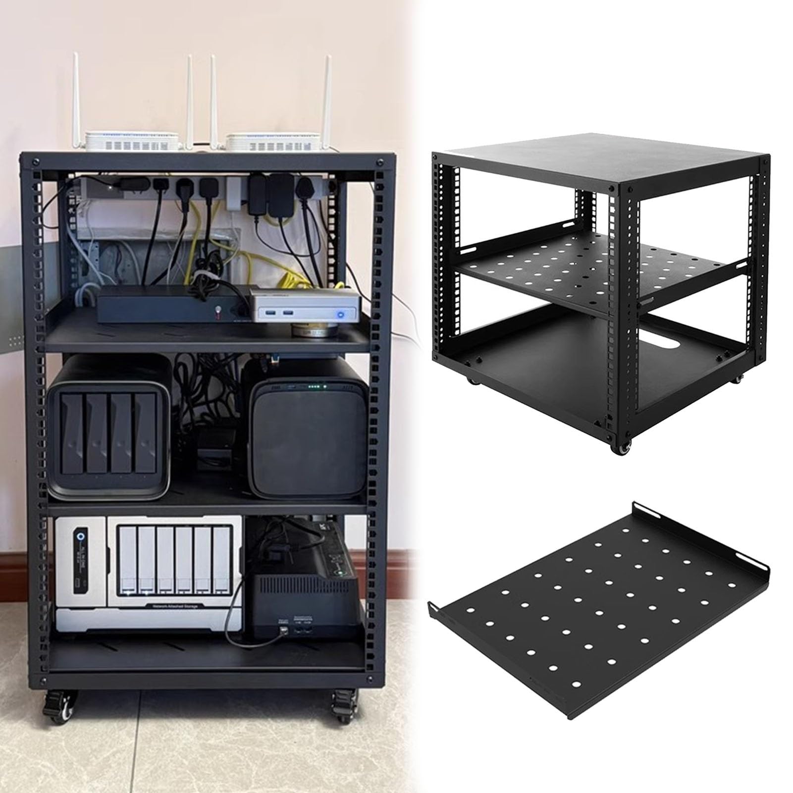 Estante ajustable para servidores con marco abierto con ruedas, gabinete de equipo rodante de 10-20U para equipo de TI y AV, estantes ventilados, diseño de 5 niveles para un almacenamiento eficiente