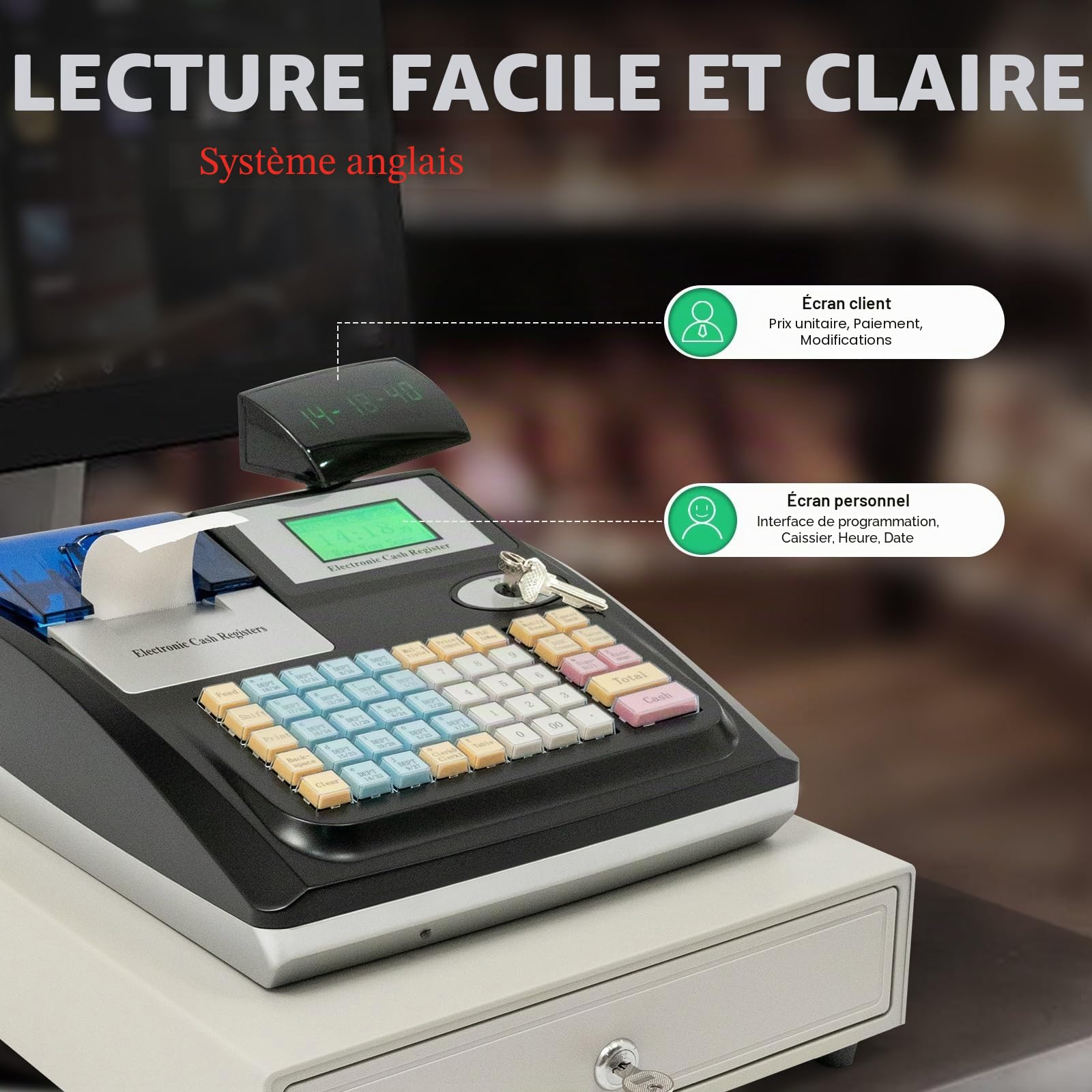 Electronic Cash Register English System Dual LED Display with 48 Keys POS Banknote Recognition Function Cash Register for Retail Restaurant Supermarket