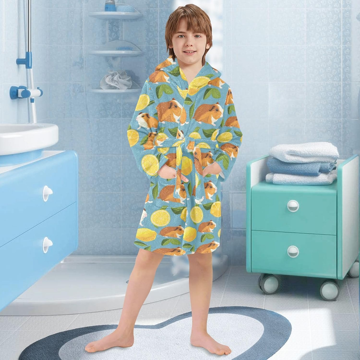 senya Guinea Pig Lemon Toddler Hooded Bathrobe Kids Soft Plush Bath Towel Robes for Boys Girls 2-12 Years