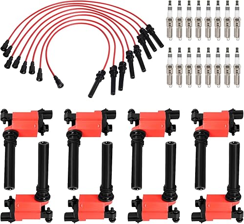 ENA Juego de 8 bobinas de encendido rojas con juego de cables rojos y 16 bujías compatibles con Chrysler Dodge Jeep Ram 1500 2500 3500 Magnum Grand