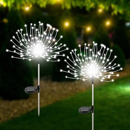 Slyuexu Luces solares de jardín impermeables para exteriores, paquete de 2 120 luces LED solares de fuegos artificiales decorativas con 2 modos