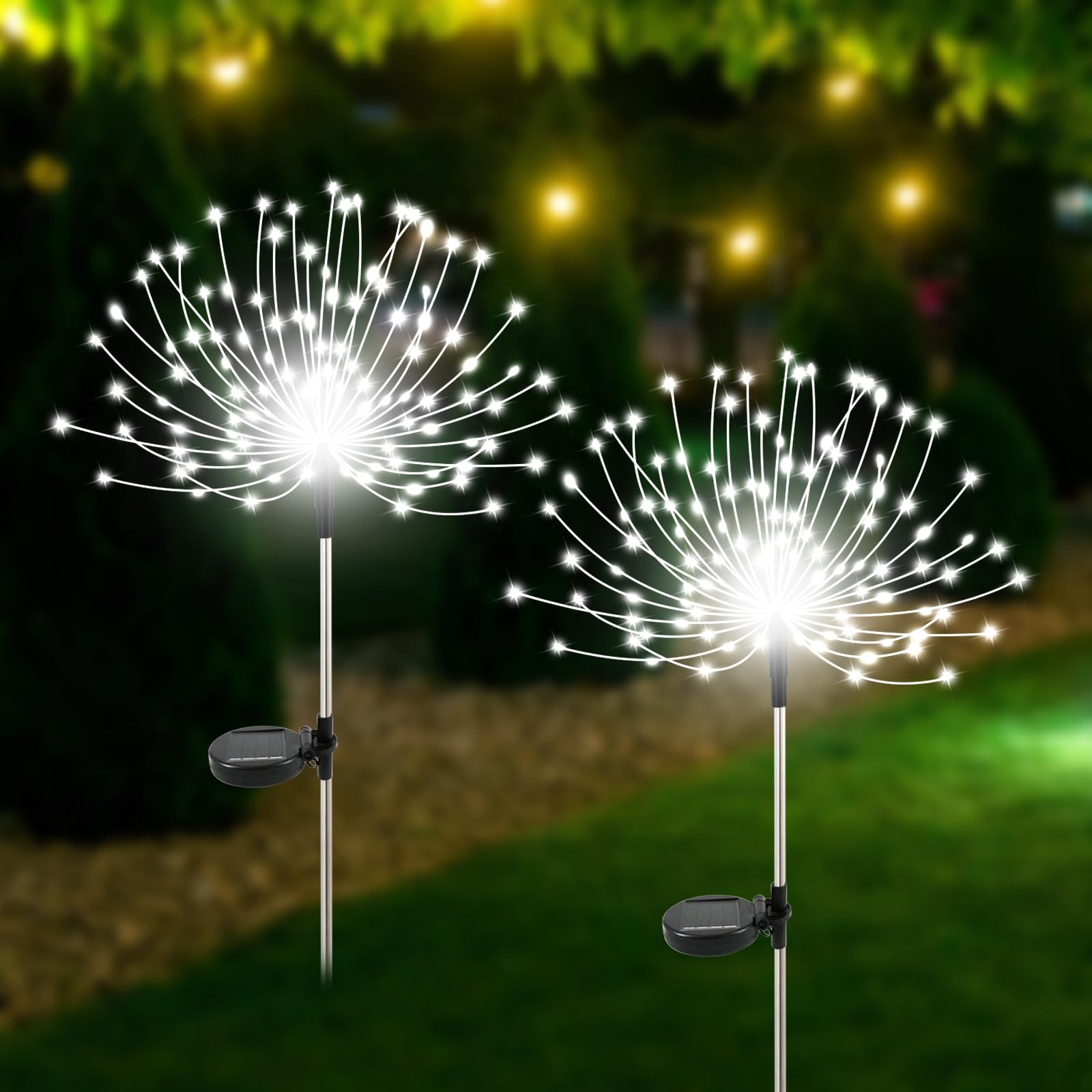 Slyuexu Solar Garden Lights Outdoor-2 Pack 120 LED Solar Powered Firework Stake Lights Waterproof Sparklers Solar Outside Lights for Yard Pathway Flowerbed Decor, White