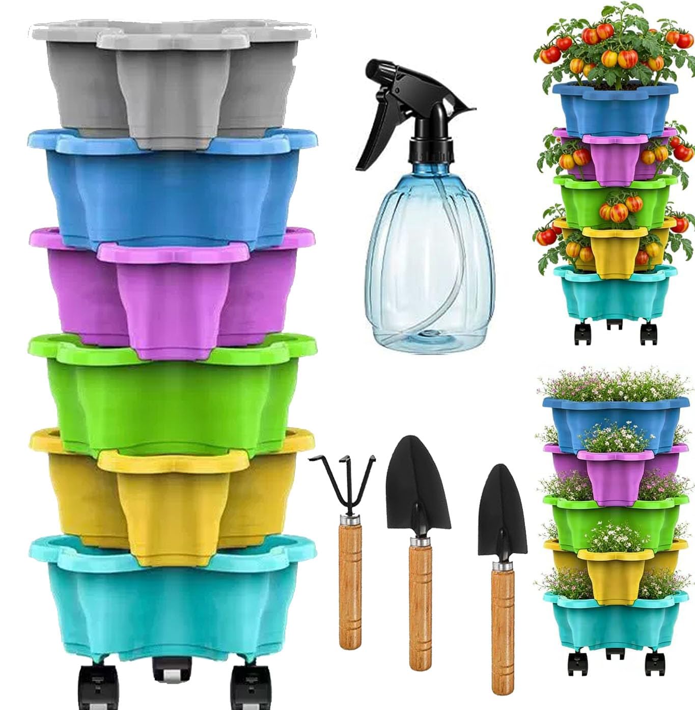 Générique Tour A Fraisier, Bac A Fraise en Hauteur, 6 Niveaux pour Fraises Et Herbes Aromatiques, avec Soucoupe À roulettes Amovibles, Tour De Plantation Gain De Place pour Balcon (6B)