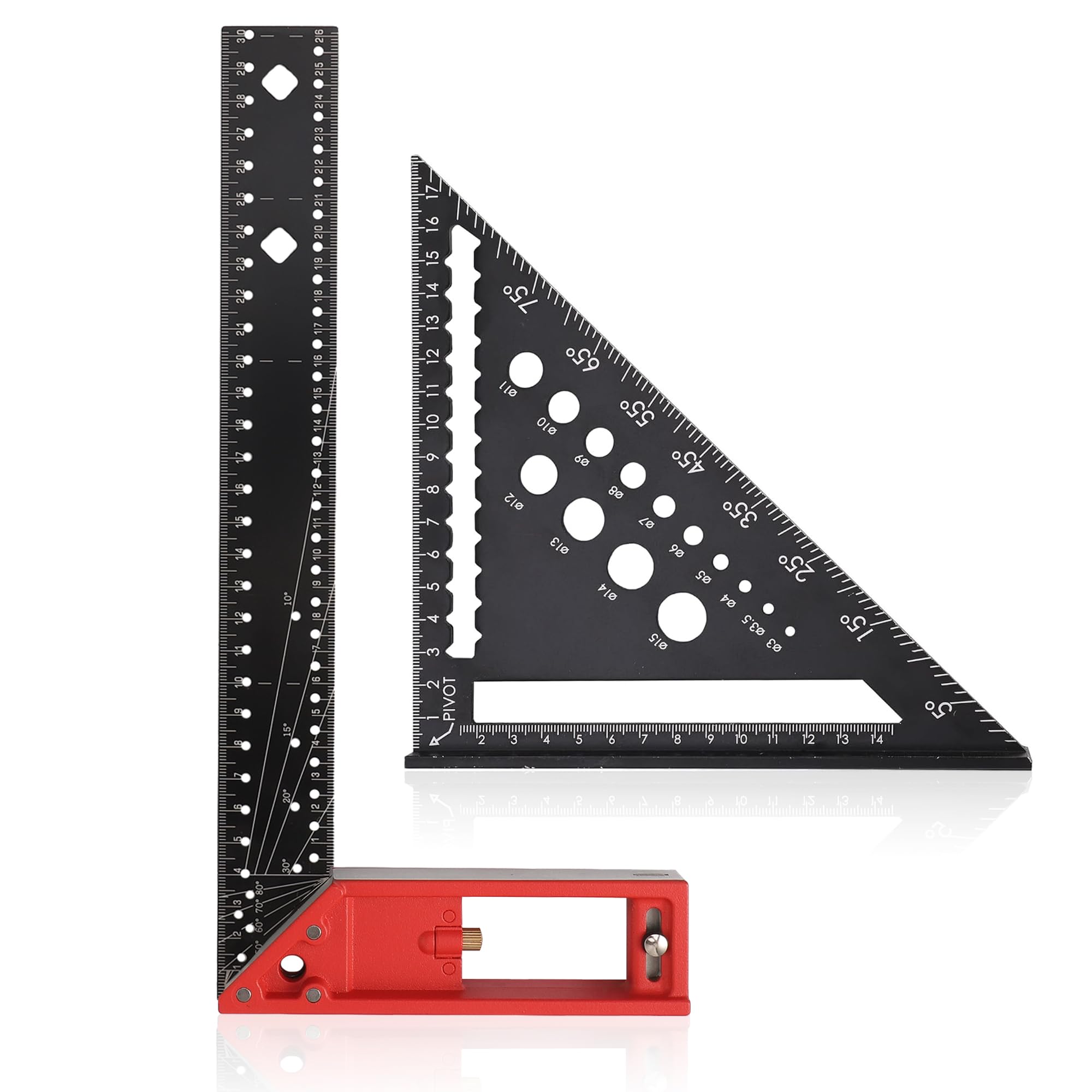 L Rafter Carpenter's Square Set, 180 mm Triangle Ruler and 300 mm Protractor Try Square, Multifunctional Aluminium Angle Ruler 45 and 90 Degree Angle for DIY, Woodworking and Home Work