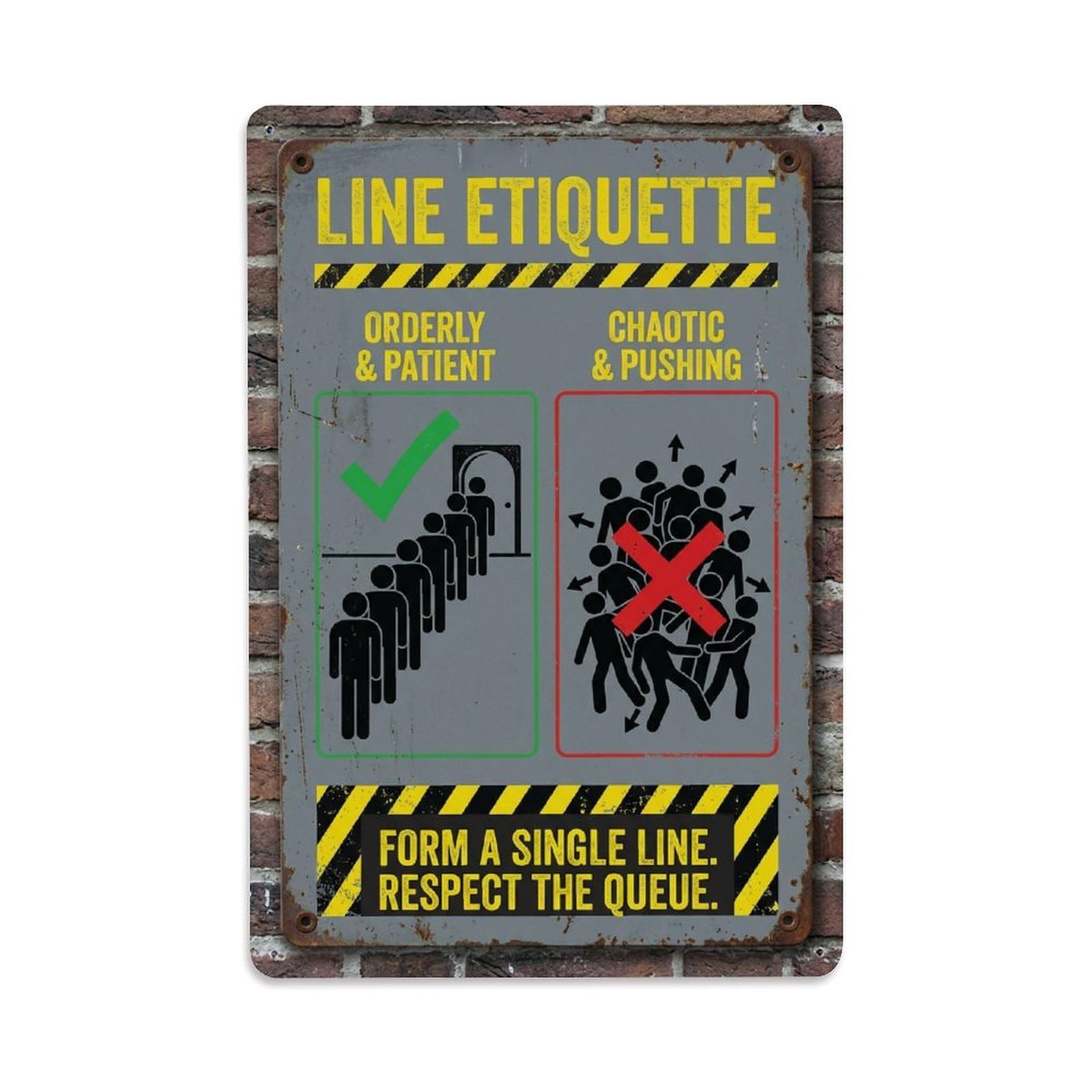 Queue Courtesy Bathroom Etiquette Vintage Metal Tin Sign Plaque Wall Decor for Cafe, Club, Garden Metal Poster 8x12Inch