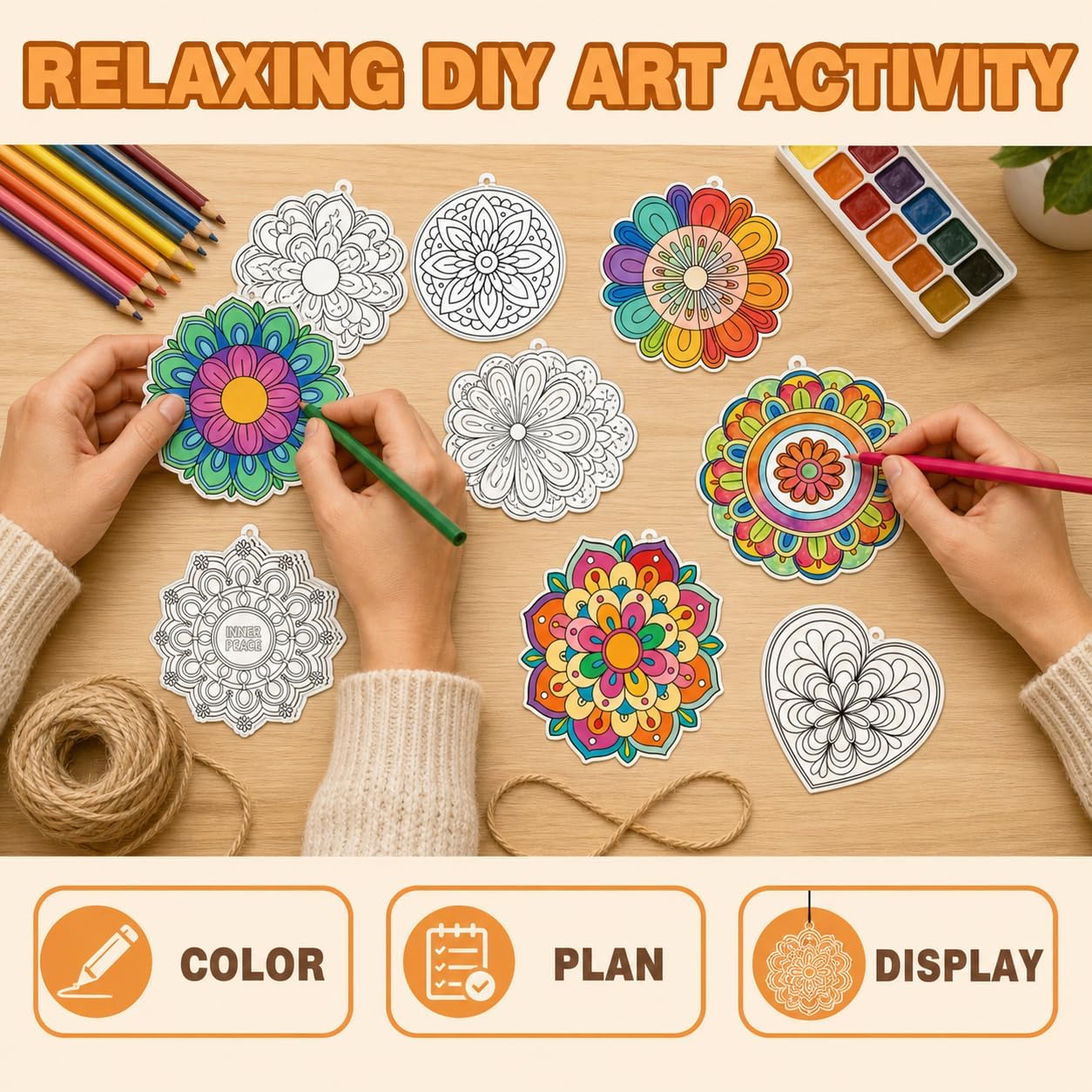 JUNKJWBZ DIY Stained Glass Suncatcher Kit 48 Pcs – Mandala Coloring Craft Set w/ 32.8ft Hemp Rope, Fun Window Clings Decor for Adults and Seniors