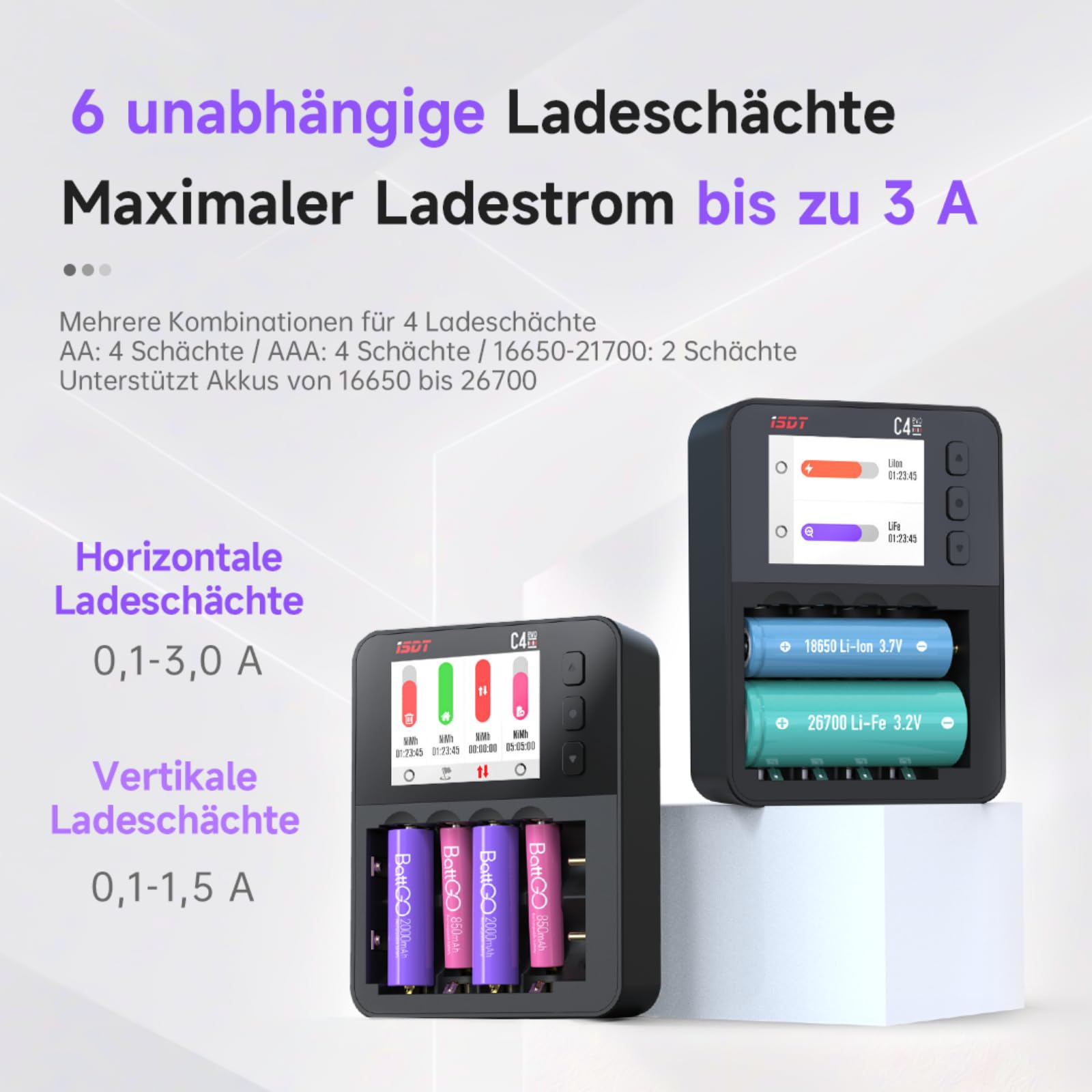 ISDT C4 EVO Akku-Ladegerät 18650 AA AAA NiMH Li-Ionen 6-Fach | 6 unabhängige Ladeschächte, Kapazitätstest, Analyse, Entladung, Aktivierung, Zyklusmodus, Ladestrom bis 3 A