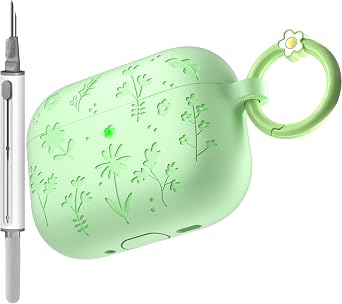 for AirPods Pro 3 Case 2025 DamonLight Floral Engraved Shockproof Protective Soft Silicone Case Cover with Cleaning Pen and Floral Keychain for Apple Airpods Pro 3rd Generation Avocado Green