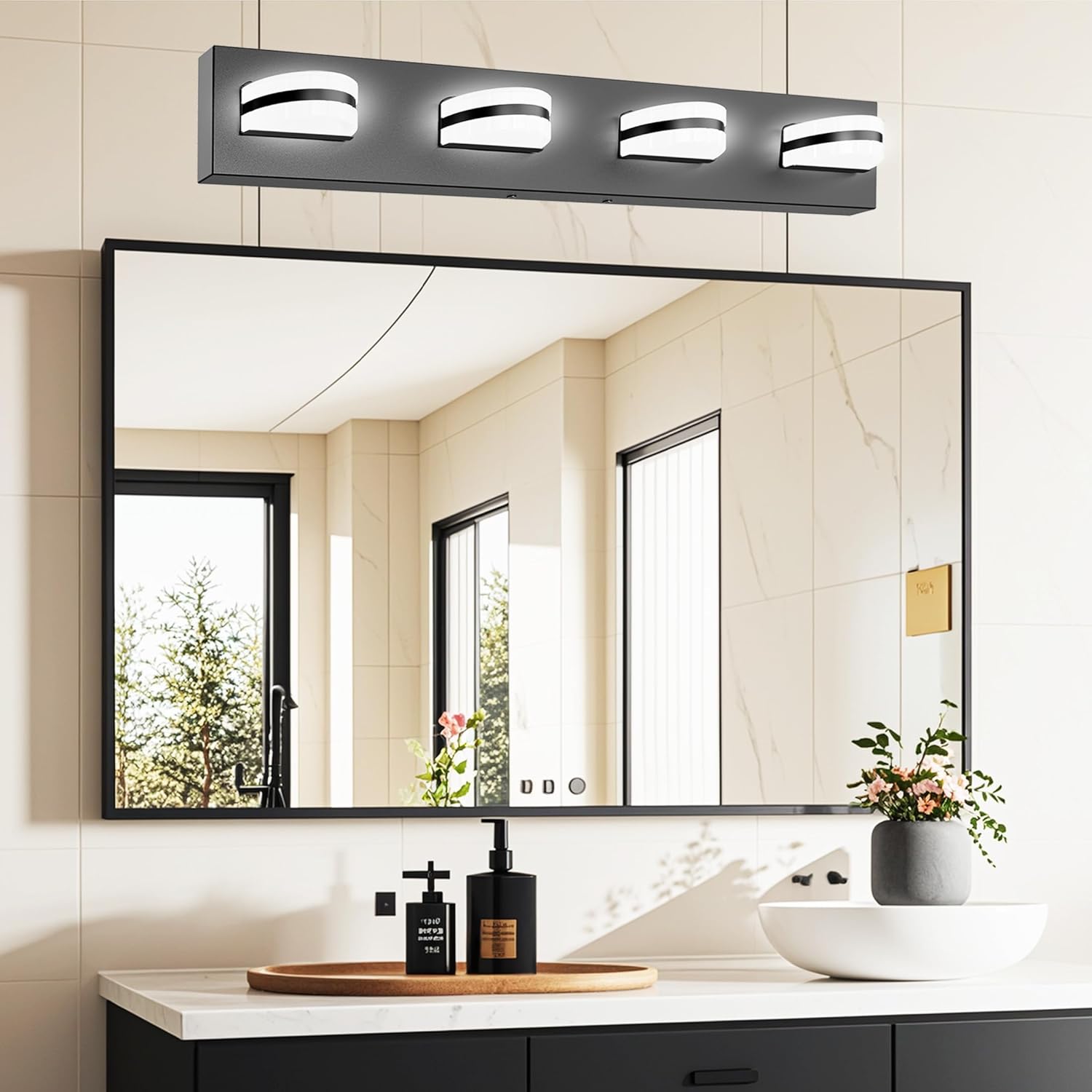LED Bathroom Vanity Light, 360°Rotatable, Nature White 5000K 4Light, Black Modern Matte Bathroom Lighting Fixtures, Over Mirror Vanity Lights ETL Certified