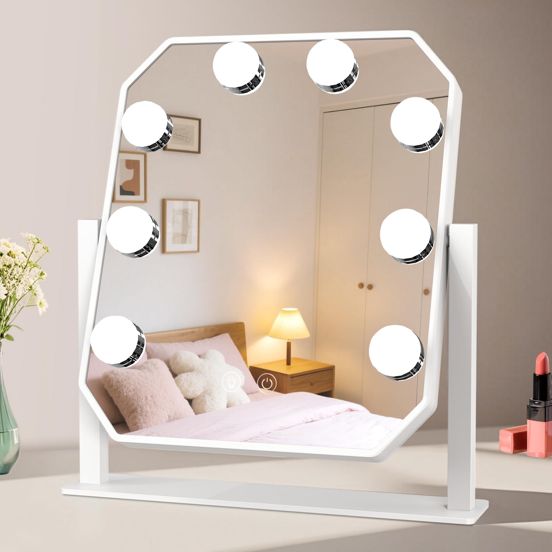 sylvwin Hollywood Espejo de Maquillaje con 8 Luces LED - 360° Giratorio, 3 Temperaturas de Color Ajustables (3000K/4000K/6000K) Cosmético Espejo de Mesa, Control Táctil, Regulable, Espejo de Tocador E