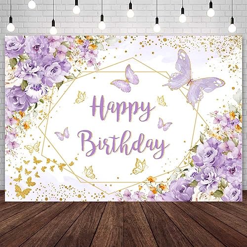 Telón de fondo de feliz cumpleaños de 7 x 5 pies para mujer, diseño floral de mariposa morada, decoración de fiesta de cumpleaños de princesa,
