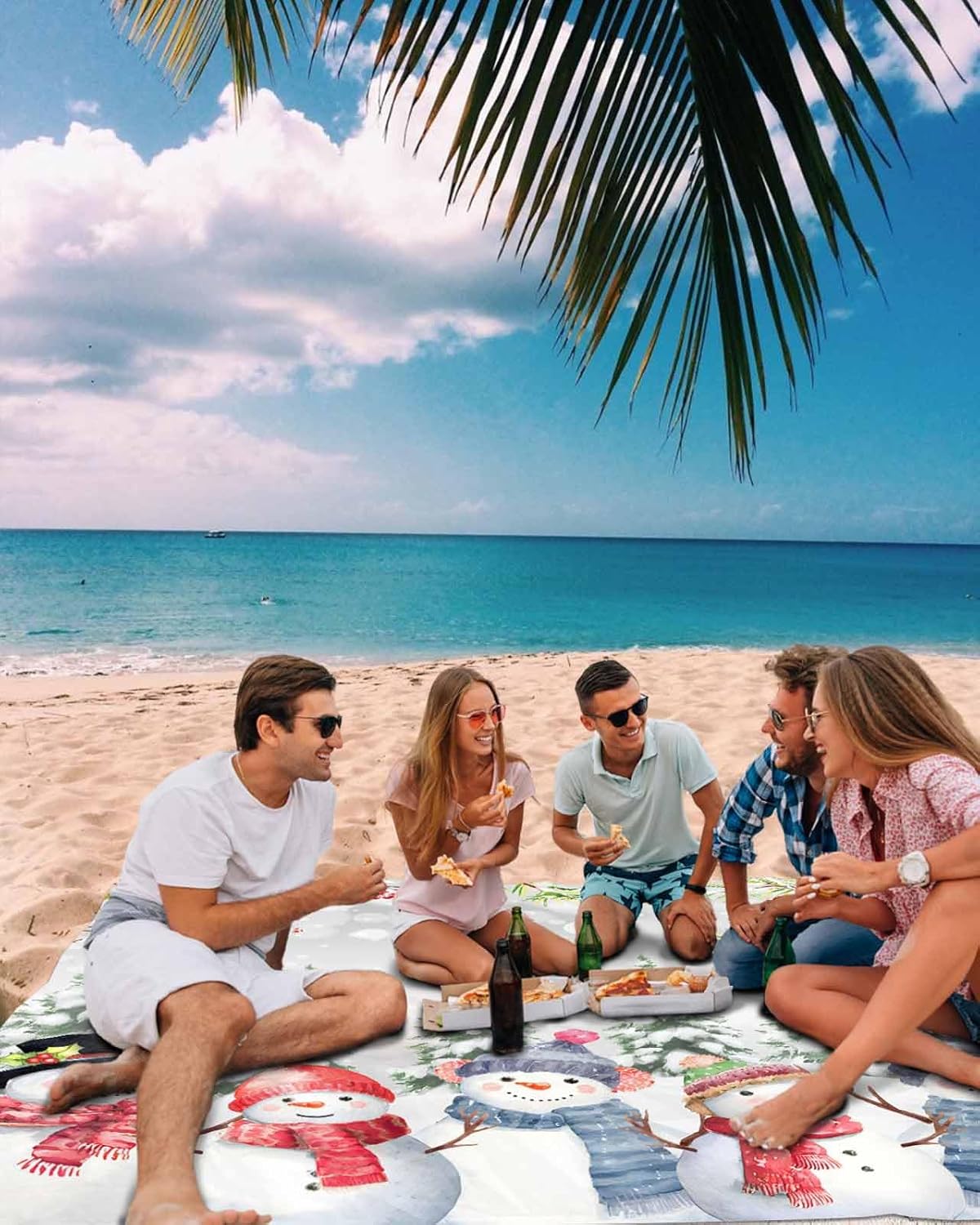Smile Sunflower Beach Blanket, Merry Christmas Cute Snowman and Birds Beach Mat 83"x79" Large Picnic Blanket,Sandproof Waterproof Outdoor Beach Blankets for Travel Camping Hiking Beach Vacation