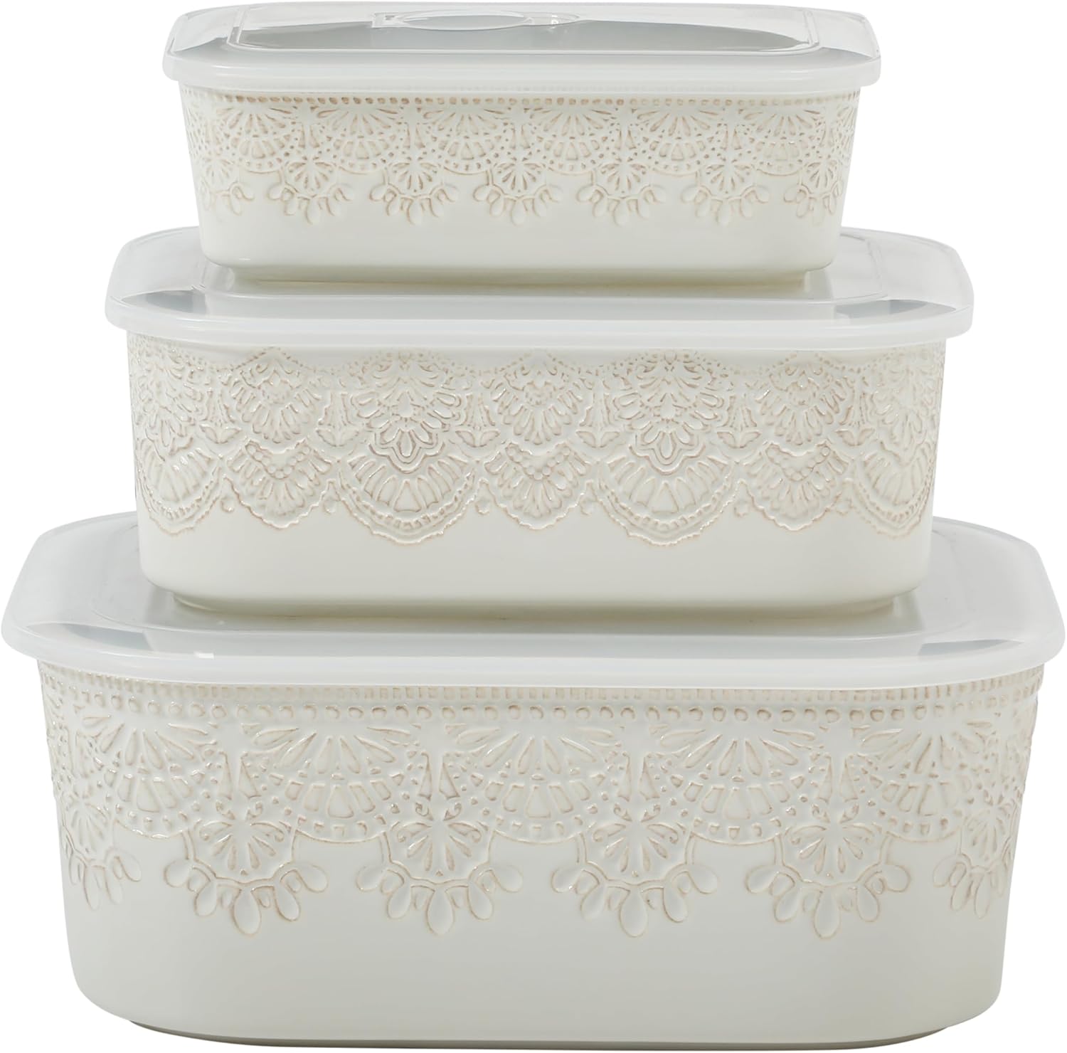 Vintage Lace 3-Piece Nesting Casserole Baking Dish Set with Lids, Rectangular Stoneware, Linen, Oven Safe