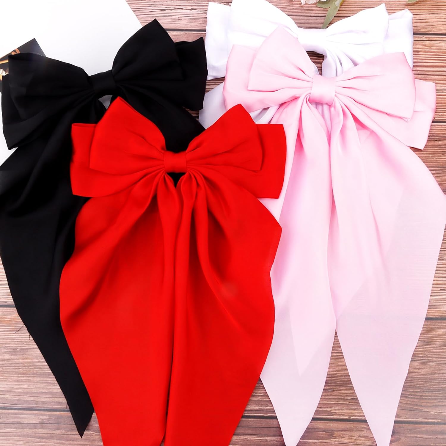 Velscrun Black White Pink Red Hair Bows for Women Girls, Silky Satin Large Coquette Bow, Oversized Hair Ribbons 4Pcs Big Bows Clip Long Tail Bowknot Hair Barrettes Christmas Bow Accessories - Image 7