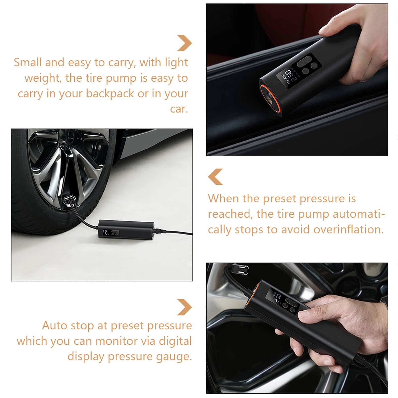 Beavorty Compresor Pantalla Coche Eléctrico de Neumáticos para Portátil y Digital y Apagado Automático, Material de Cobre Abs y Caucho Negro Bicicleta Adecuado para Senderismo y Camping