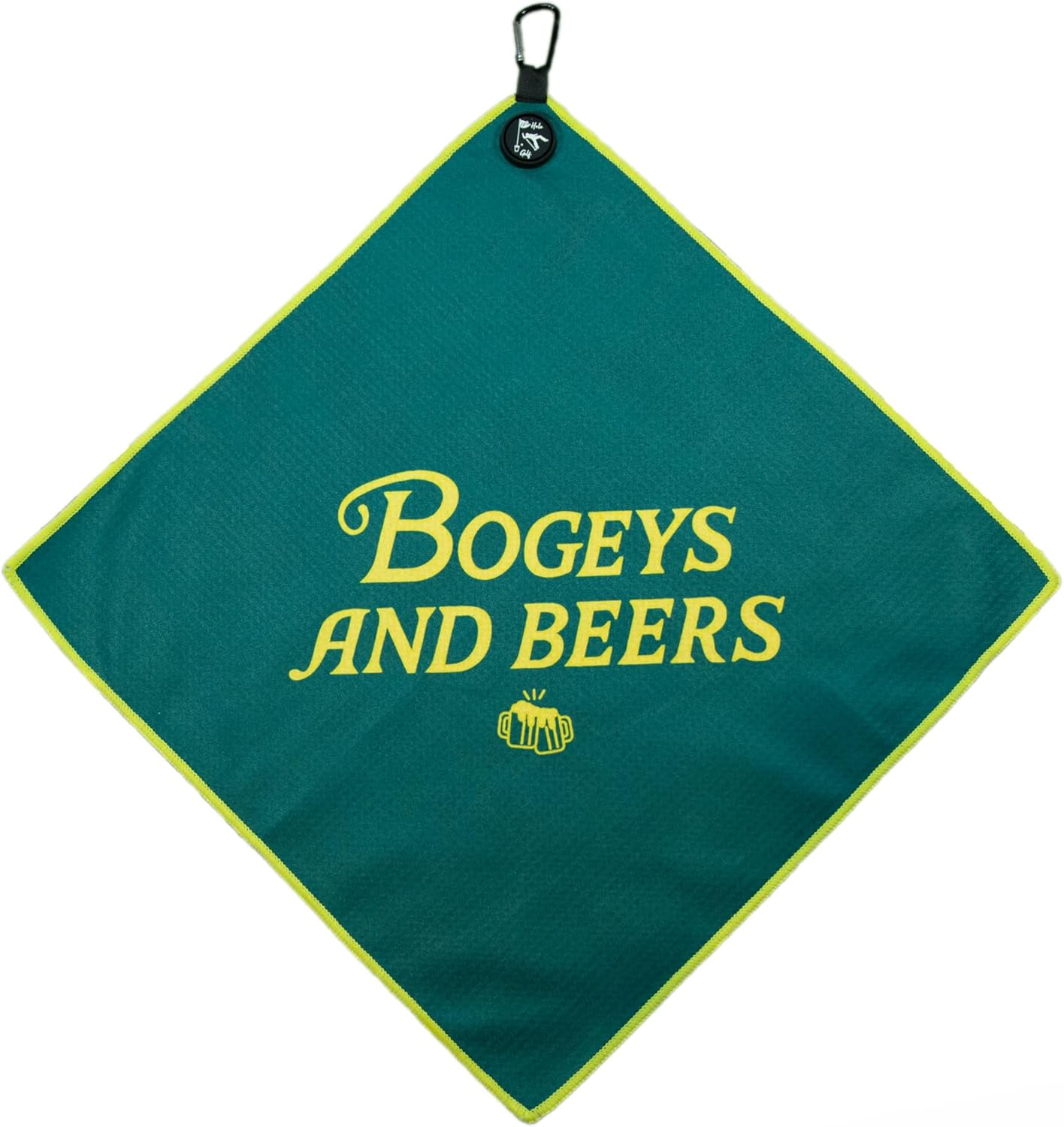 Bogeys and Beers Magnetic Golf Towel, Green and Gold Microfiber with Carabiner Clip
