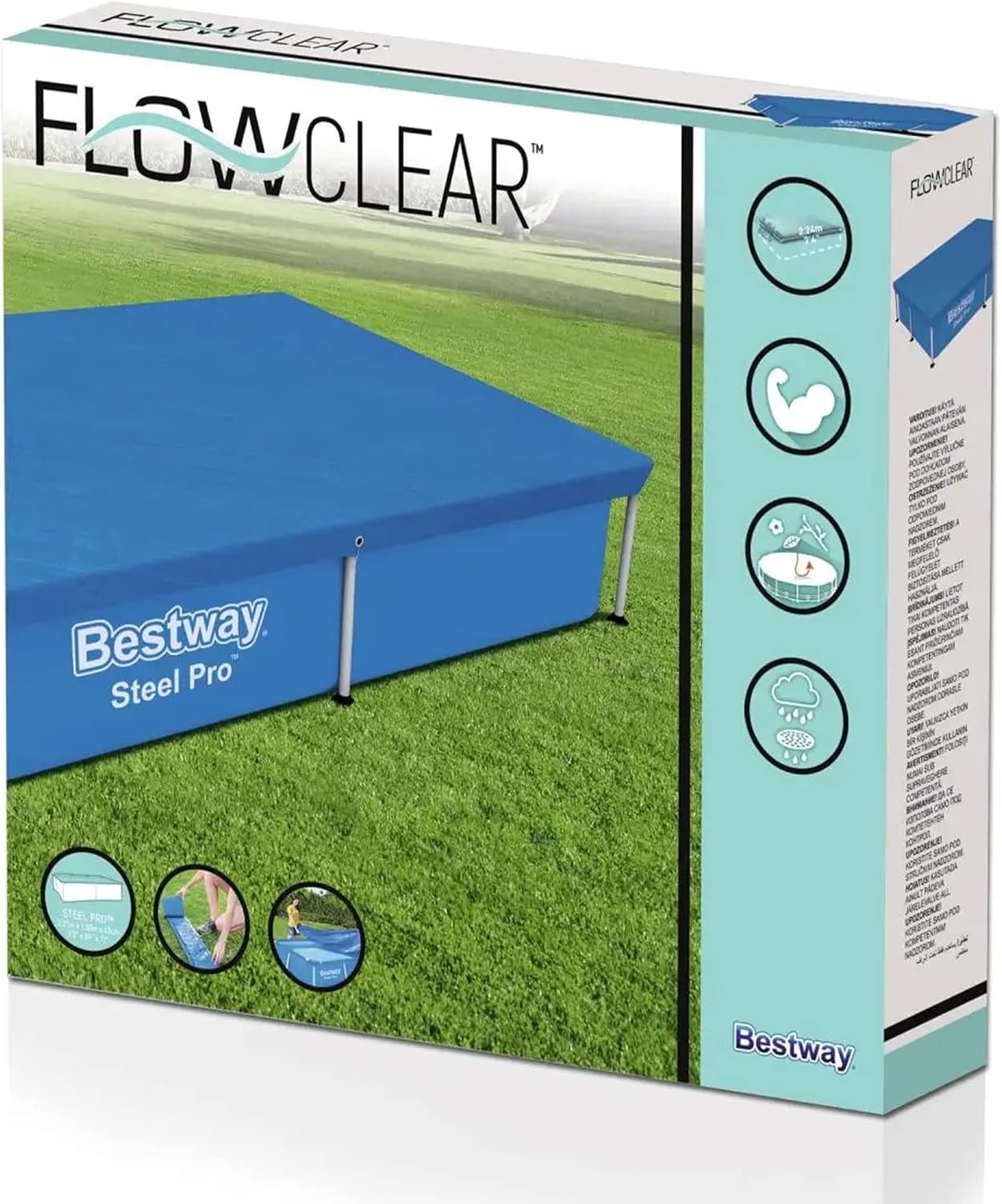 Bestway Flowclear Rectangle 7'4" x 60" Pool Cover for Above Ground Swimming Pools with Drain Holes and Tie-Down Ropes, Blue (Cover Only)