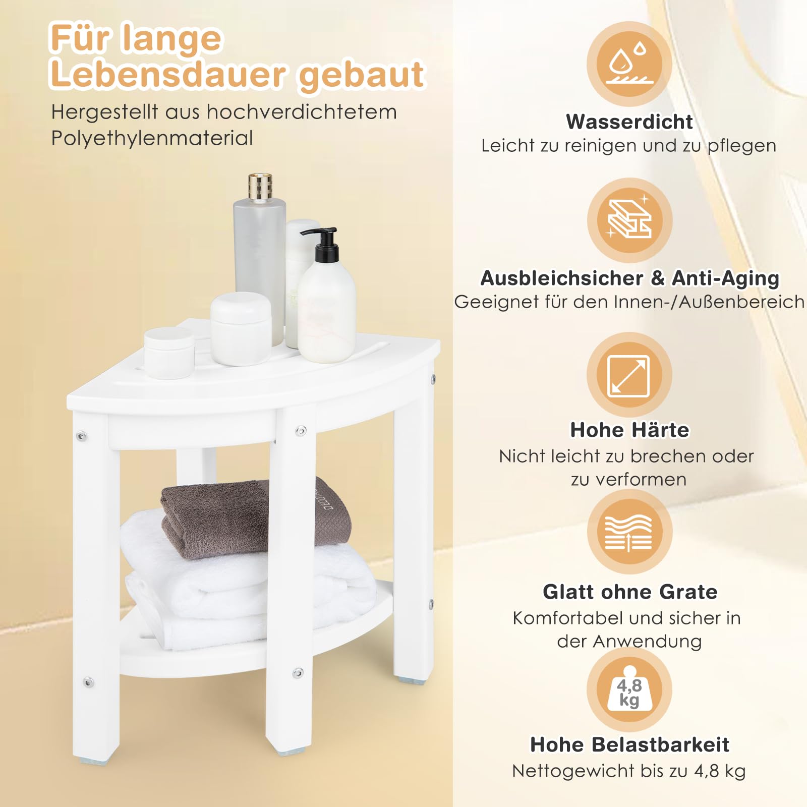RELAX4LIFE Banco de Ducha Esquinero de 2 Niveles, Taburete de Ducha de HDPE con Estante, Reposapiés de Baño para Espacios Pequeños, Taburete de Ducha Impermeable, Carga 150 kg (Blanco)