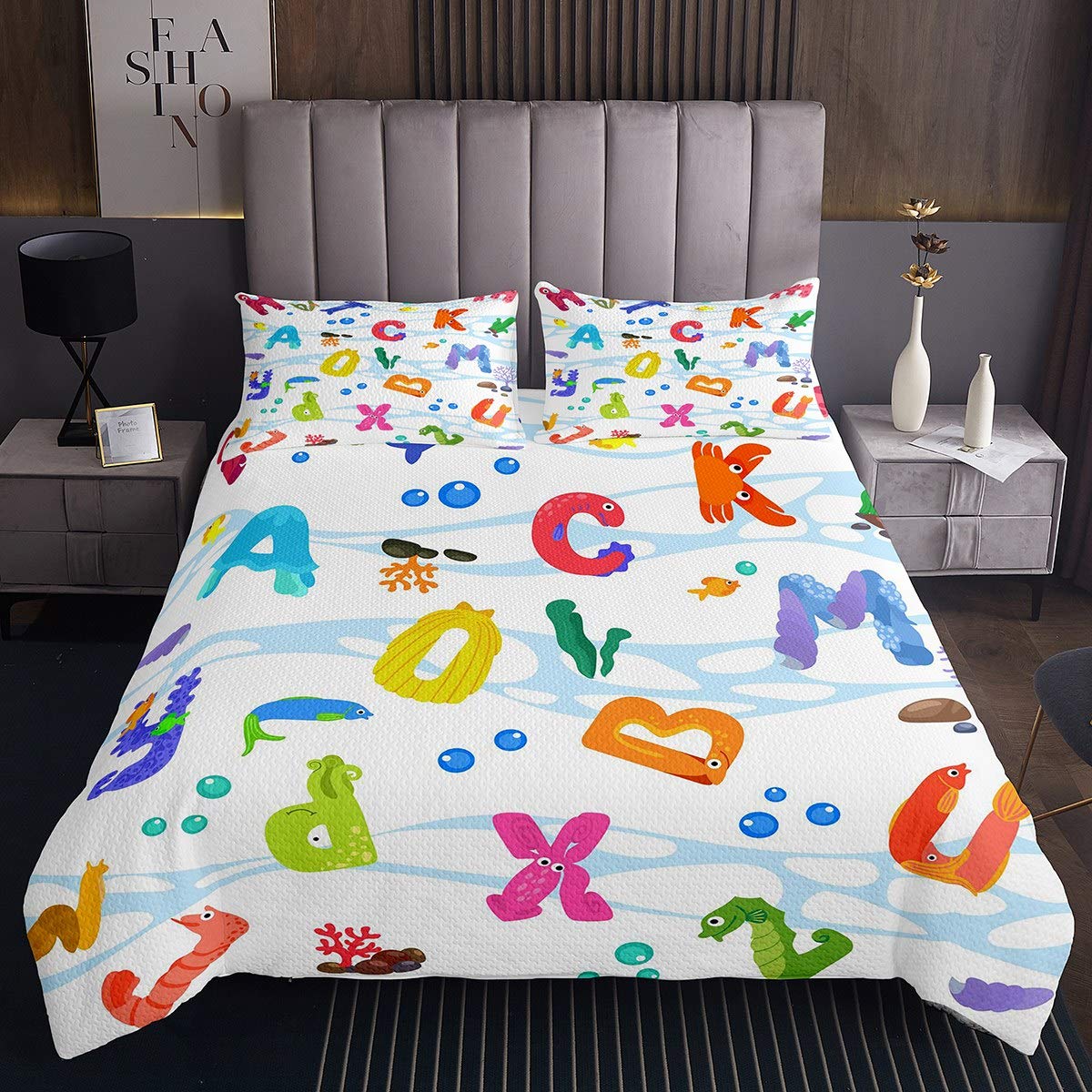 Set copriletto trapuntato motivo: creature oceaniche con lettere colorate per e ragazze vita marina Sealife trapuntata coperta mare subacquea animale trapuntato letto singola170X230cm