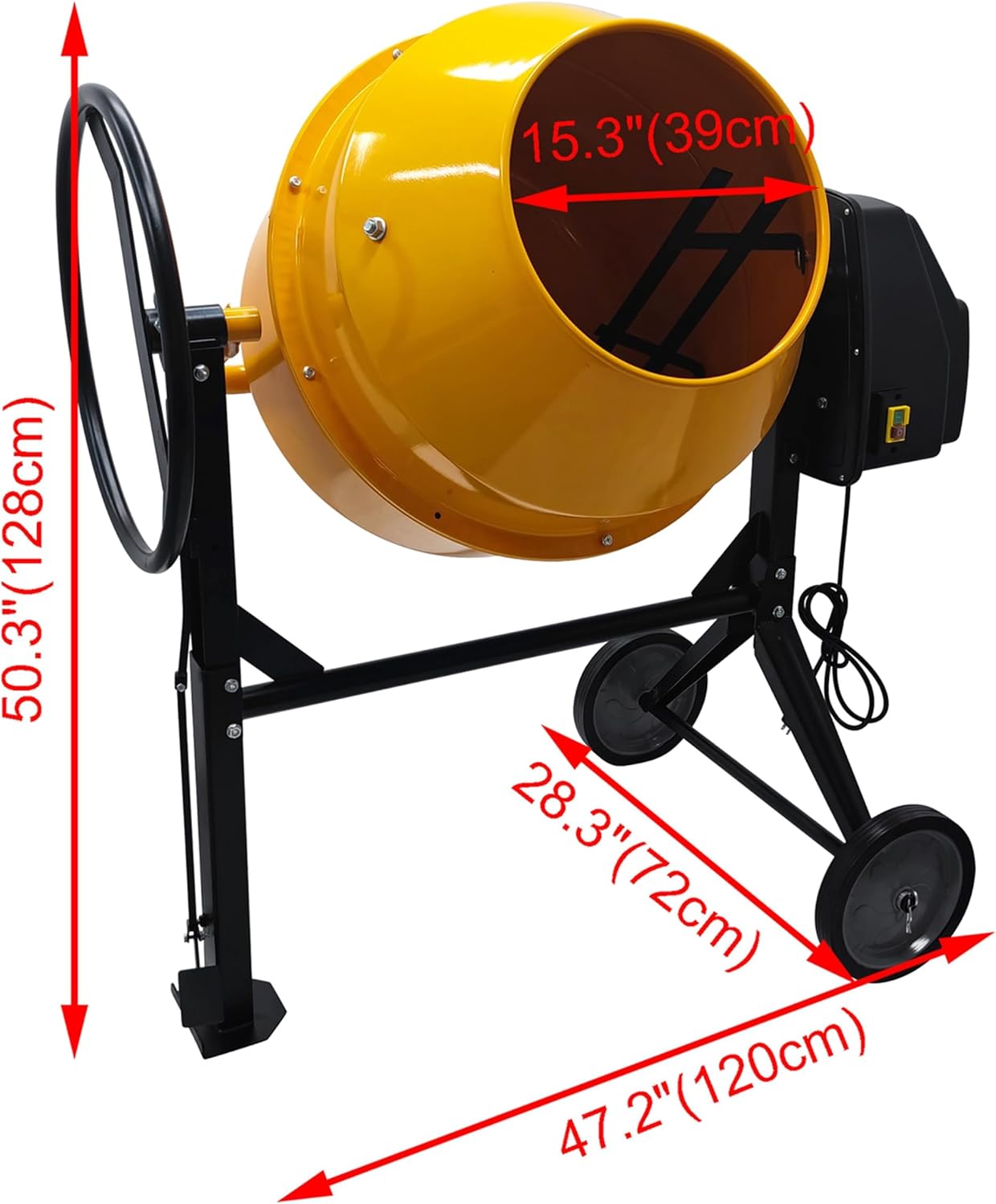 110V Electric Concrete Mortar Mixer 205L Portable Concrete Mixing Machine 1000W with Steel Drum for Mixing Sand Dry Powder Mortar Building Materials