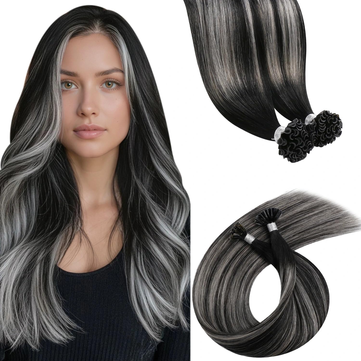 150g Extension Capelli Veri Cheratina con Extension Capelli Veri Biadesive Nero con Silver Naturale 55cm