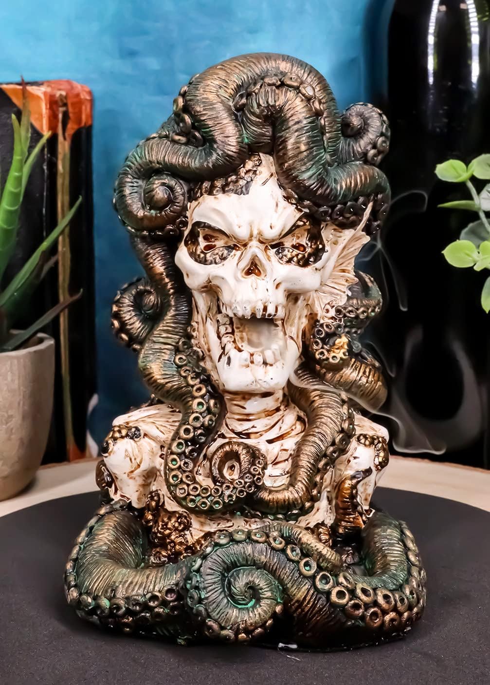 Ebros Gift Cecelia Octopus Sea Witch Skull Bust with Tentacles Hair Backflow Incense Cone Burner Figurine Home Aromatherapy Fragrance Holder Accessory Nautical Marine Macabre Collection