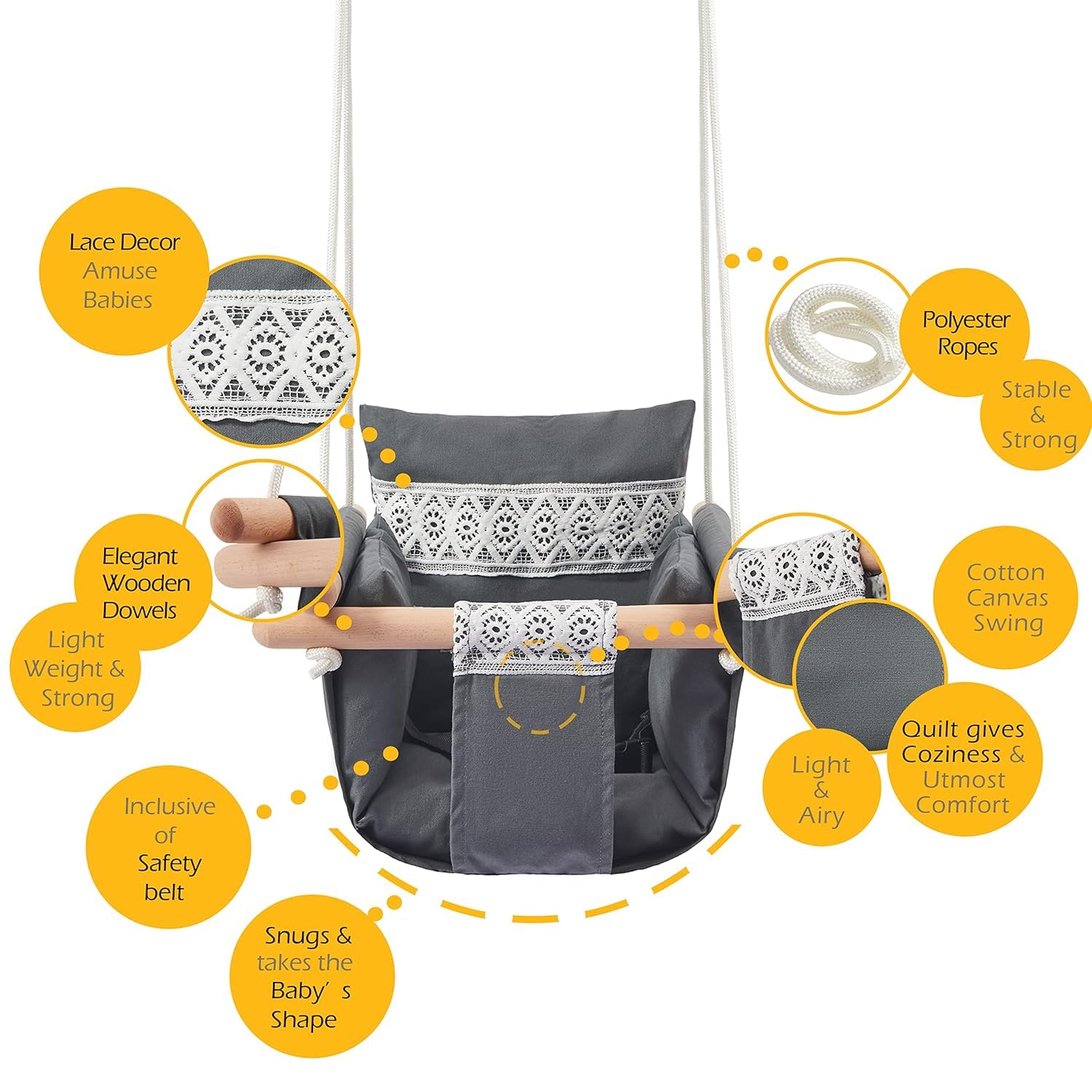 AMPLIN Baby Swing for Kids | Hanging Jhula for 6 Months to 3 Years | Indoor Outdoor Zula Seat | Supports Up to 20 Kg | Oxford Cotton 3