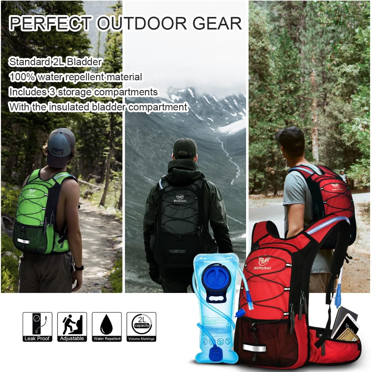 Mothybot Hydration Pack, Insulated Hydration Backpack with 2L BPA Free Water Bladder and Storage, Hiking Backpack for Men, Women, Kids for Running, Cycling, Camping - Keep Liquid Cool up to 5 Hours