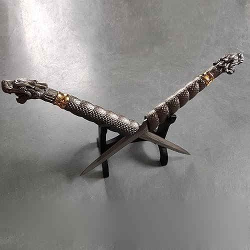 Miniatura 6 de Espada de dragón doble de acero inoxidable con soporte de exhibición para cosplay, colección 18.9 pulgadas
