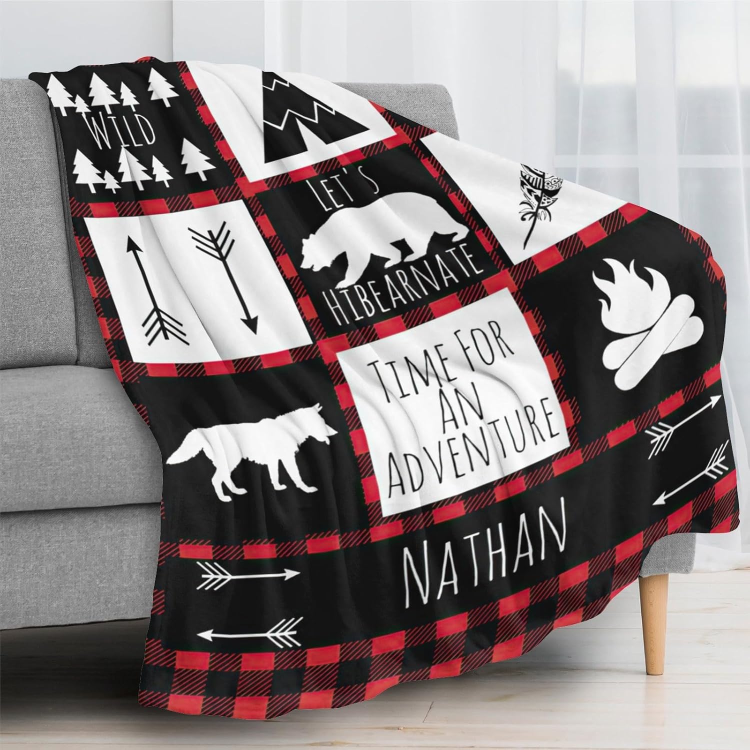 Customizable Baby Blanket with Name Woodland Personalized Baby Blanket for Boys Adventure Awaits Blanket Soft Plush Fleece Baby Items Newborn Essentials - Red Woodland 60x80in