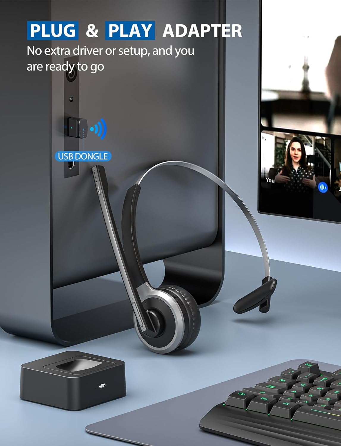 xaproo wireless headset for work, wireless computer headset with usb dongle for pc, pc headset with micophone & charging base for home office call center zoom skype black & silver