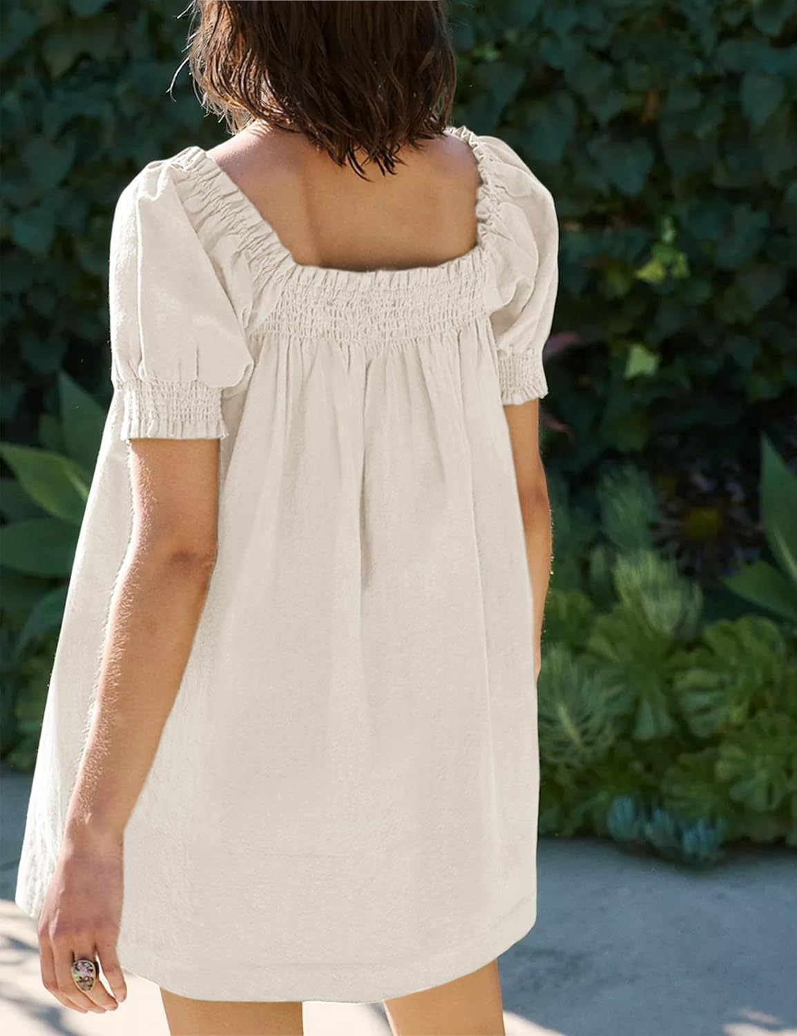 Huaqiao Womens Summer Mini Dress 2026 A-Line Square Neck Puff Sleeve Beach Sundress Casual Short Dress with Pockets