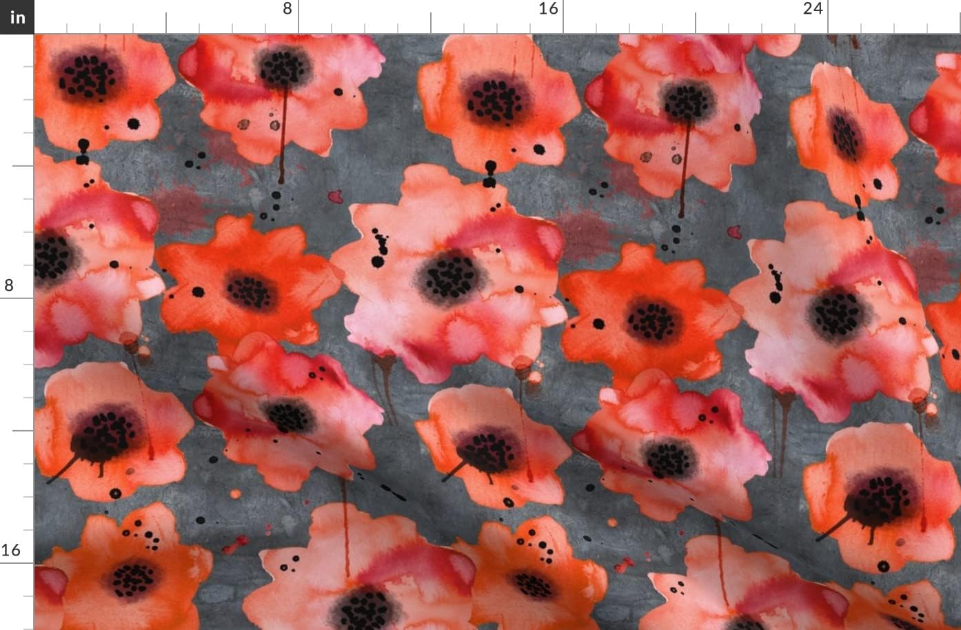 Spoonflower Fabric - Watercolor Poppies Dark Gray Painted Orange Paint Bright Poppy Flowers Printed on Organic Cotton Sateen Fabric by The Yard - Sewing Quilting Apparel Home Decor