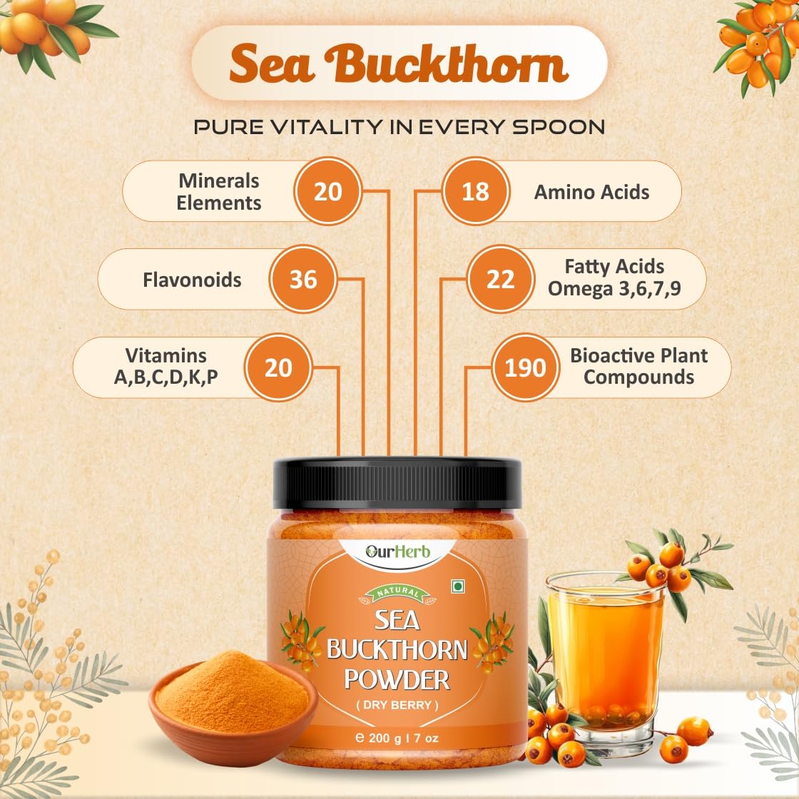 Sea Buckthorn Berry Powder - 200 grams - Pure Sea Buckthorn Powder - Natural Source of Vitamins, Omega-3,6,7,9 & Anti Oxidants — Amazon image 6