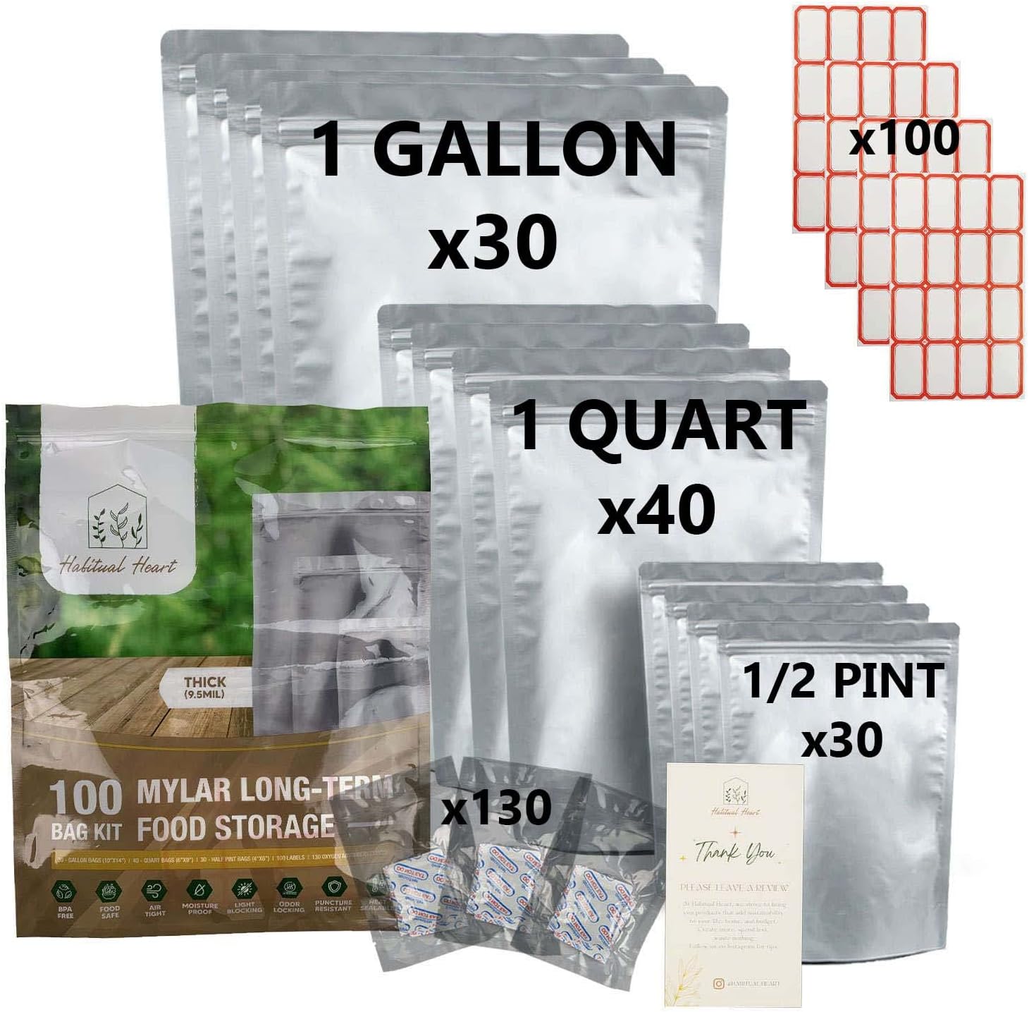 Mylar Bags for Food Storage 100 Stand Up 9.5mil Thick 130 Oxygen Absorbers 300cc Airtight Packaging for Emergency Food Supply Heat Sealable Zipper Resealable 1 Gallon Quart 1/2 Pint